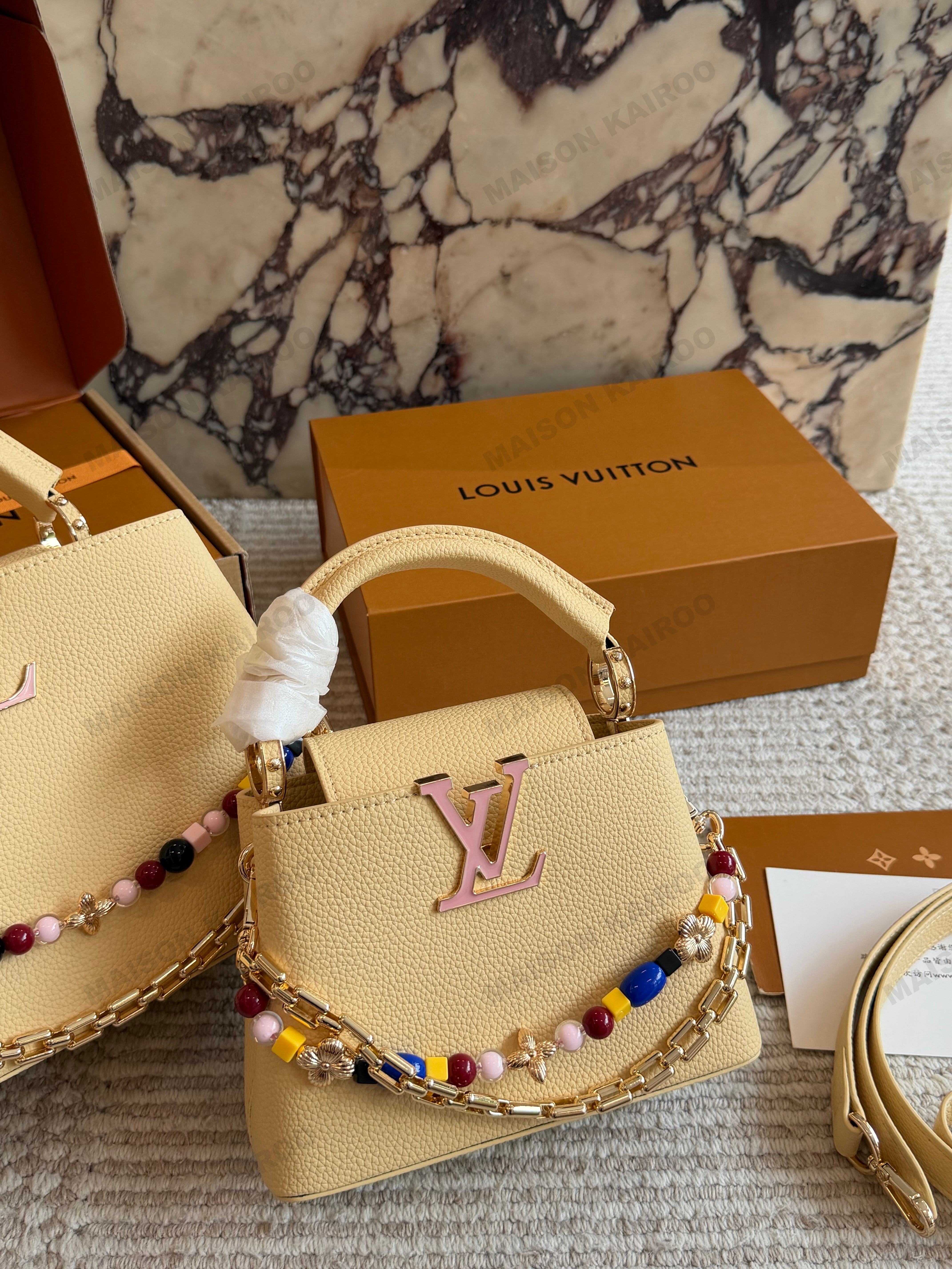 Louis Vuitton LV Capucines BB/Mini Yellow Grained Leather Pink Logo Beaded Chain Top Handle Bag - KAIROO