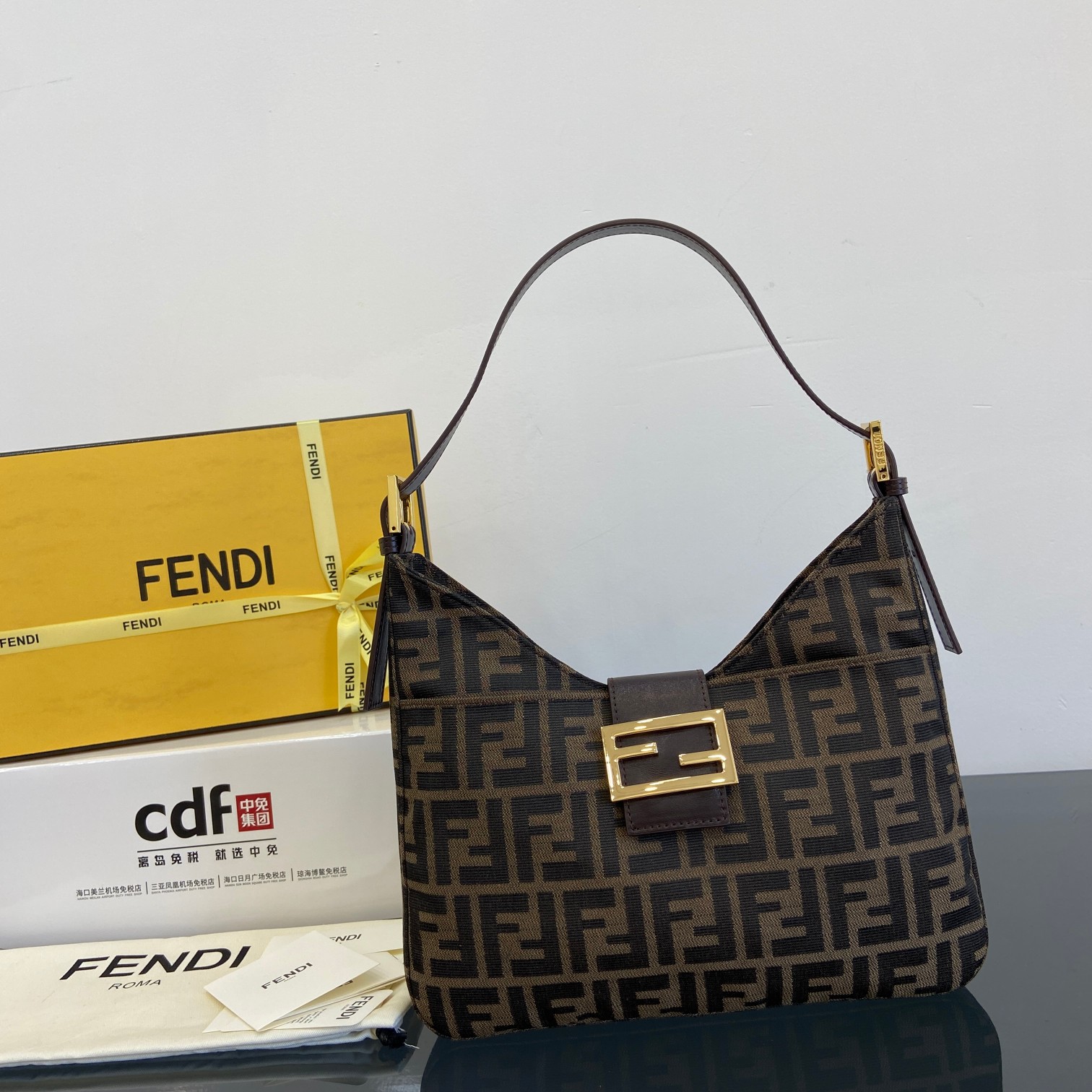 Fendi FF Monogram Canvas And Leather Baguette Crescent Hobo Bag - KAIROO