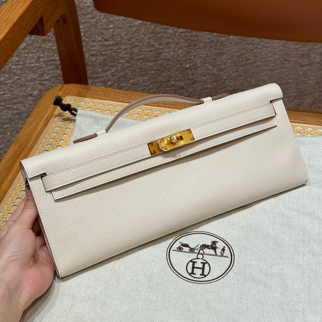 Hermes Craie Epsom Kelly Cut clutch Gold Hardware