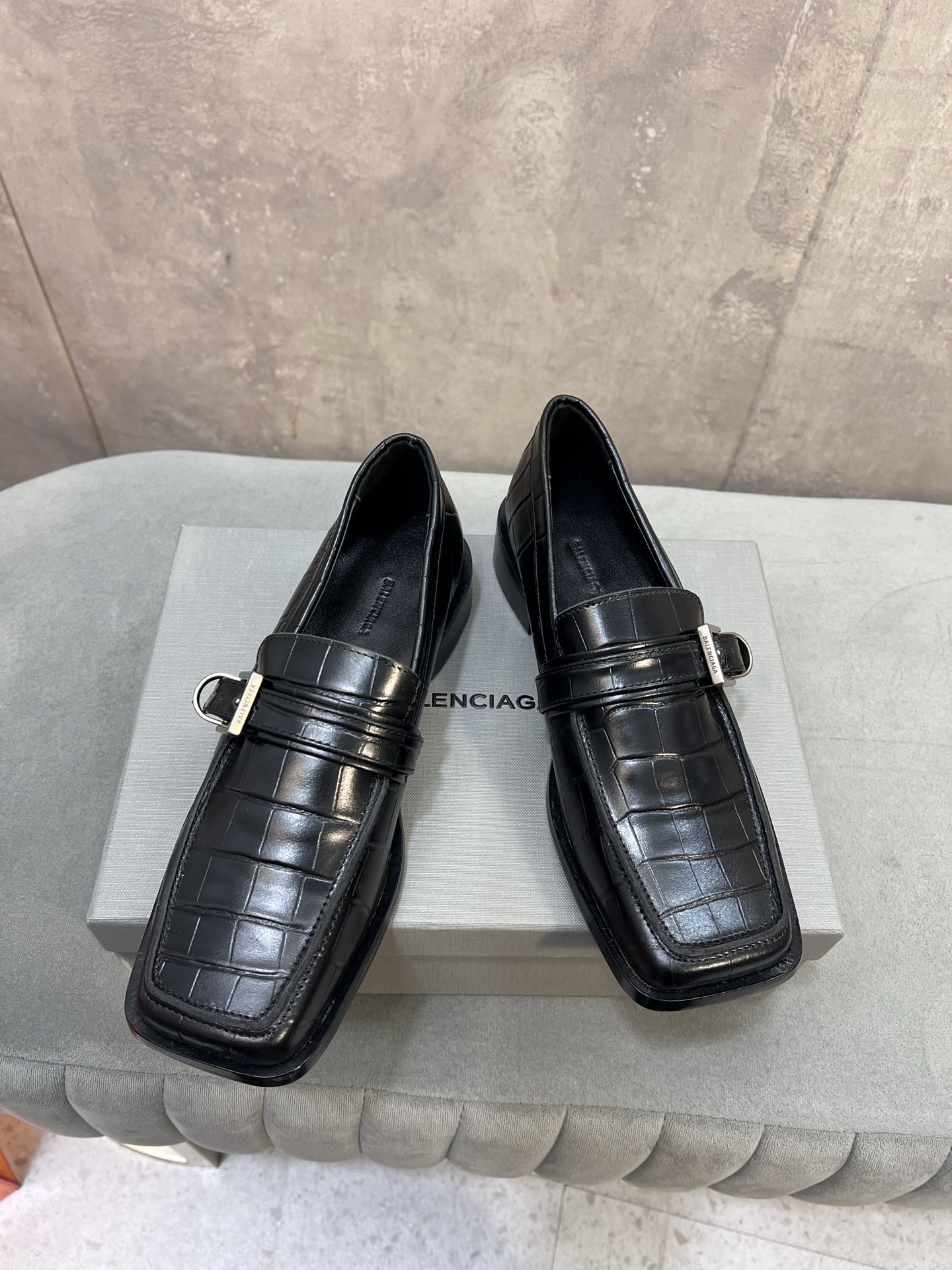 Balenciaga Black Croc-Effect Embossed Leather Metal Buckle Square Toe Loafers - KAIROO