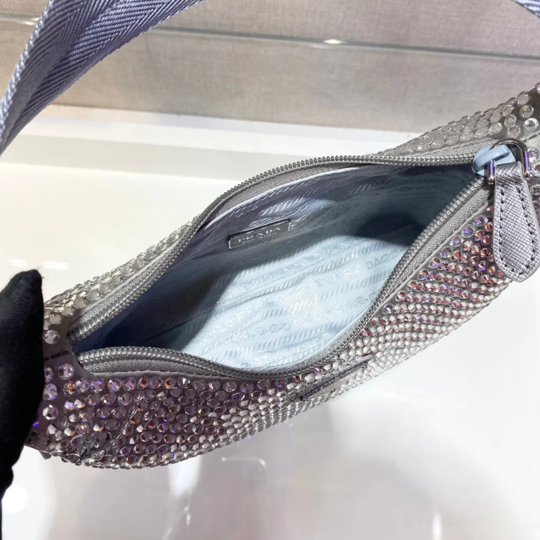 Prada SPARKLING HOBO BAG 23 IN SILVER NYLON ATTACHED FULLY CRYSTALS