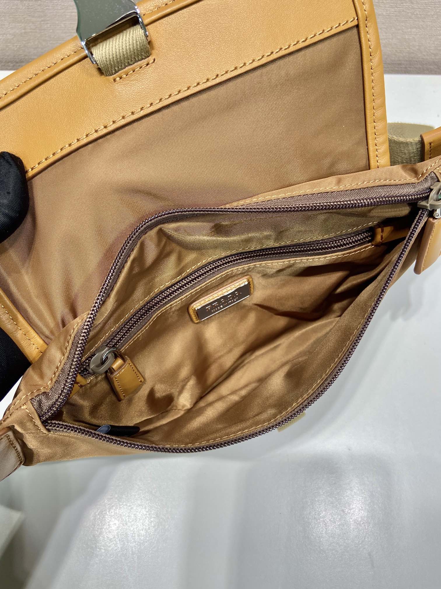 Prada BAG 18 IN SEPIA BROWN RE-NYLON AND CALFSKIN TRIM