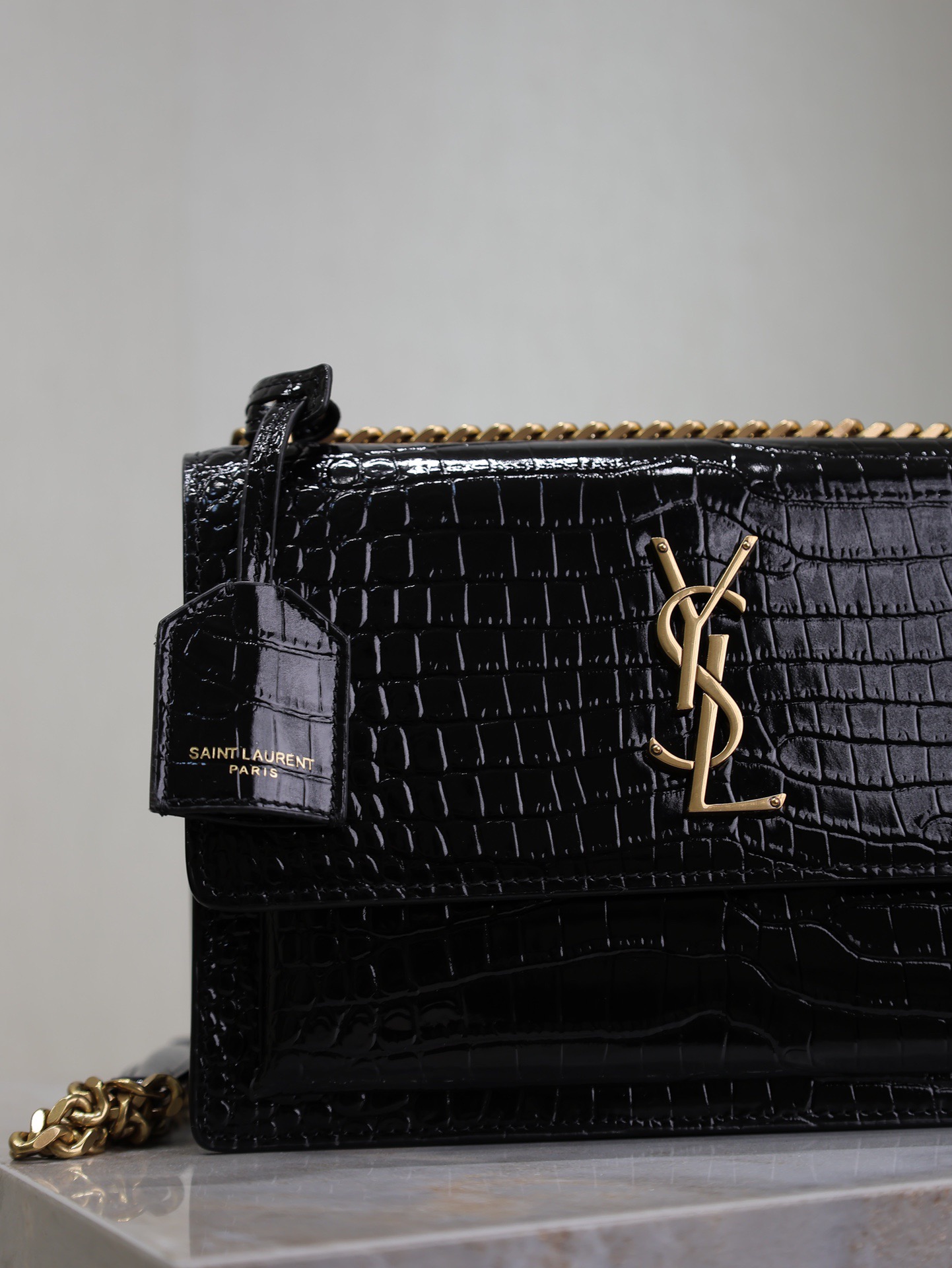 Saint Laurent YSL Black Crocodile Pattern Chain Shoulder Bag