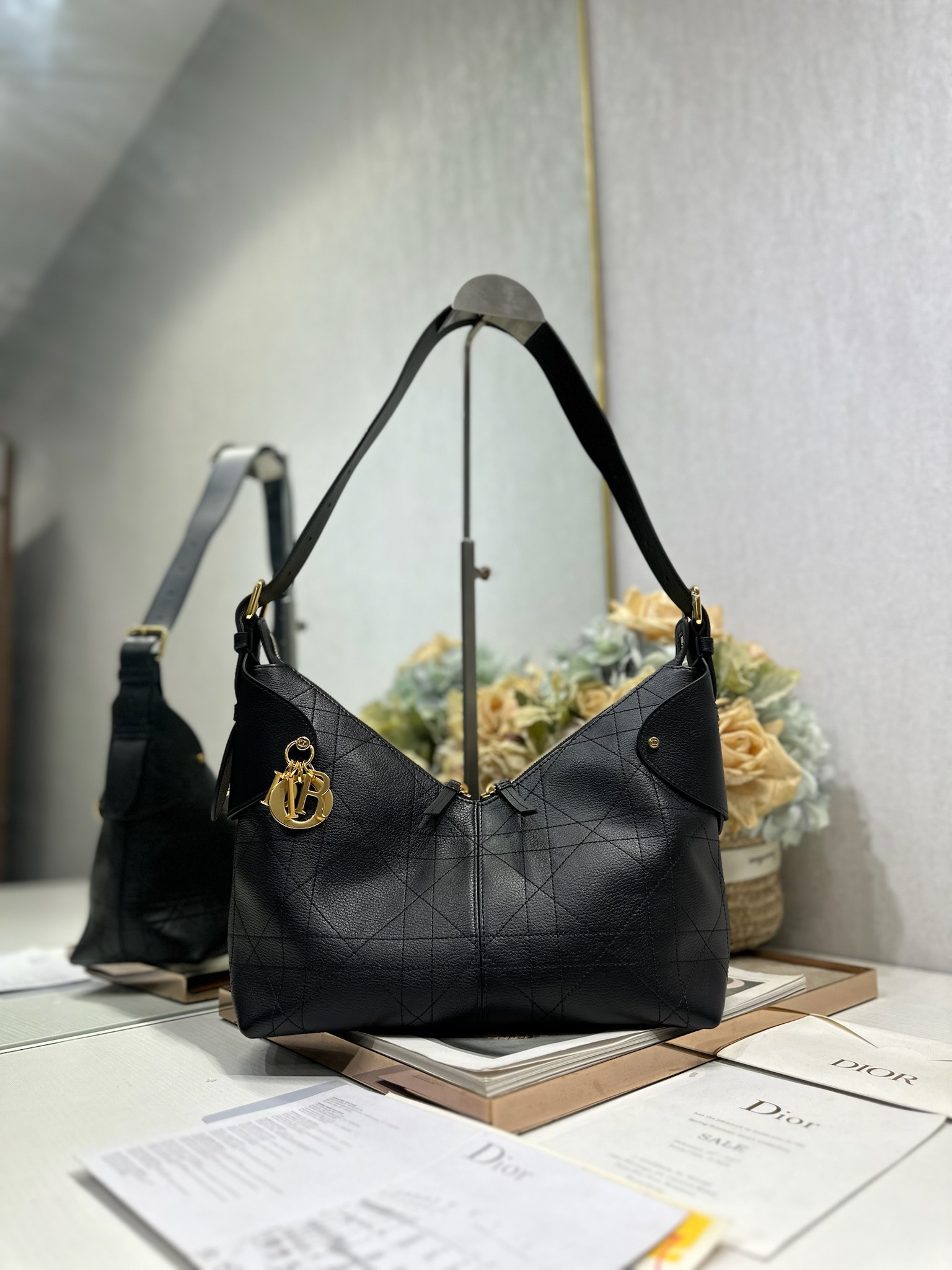 Dior D Voyage Medium shoulder Bag in Black Goatskin