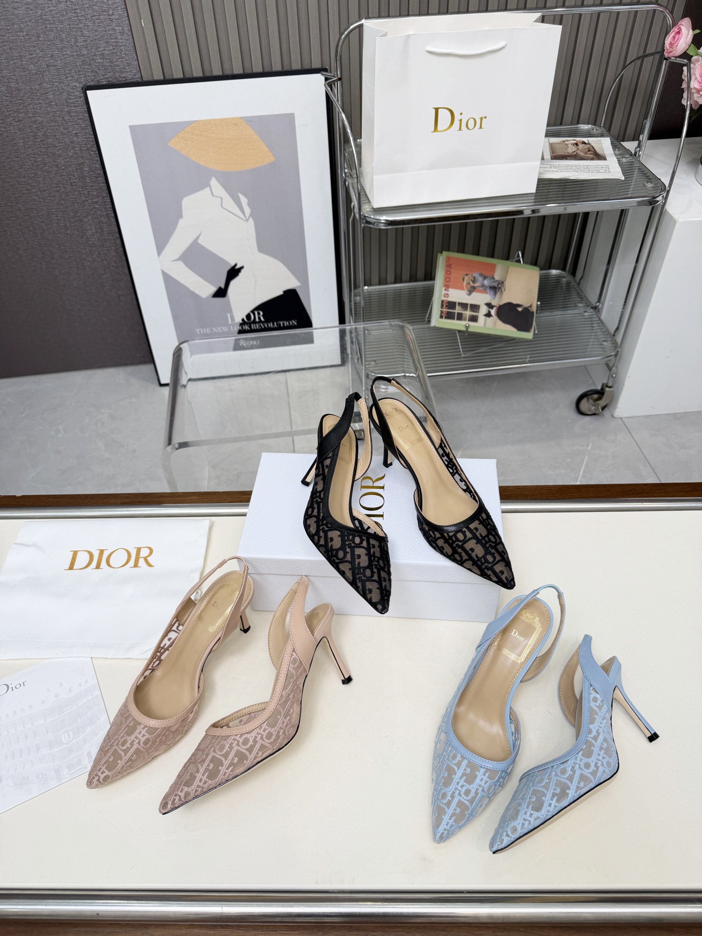 Dior J'Adior Oblique See-through Embroidered Jacquard Mesh Pointed Toe Slingback Strap Sandals Slim Heel - KAIROO