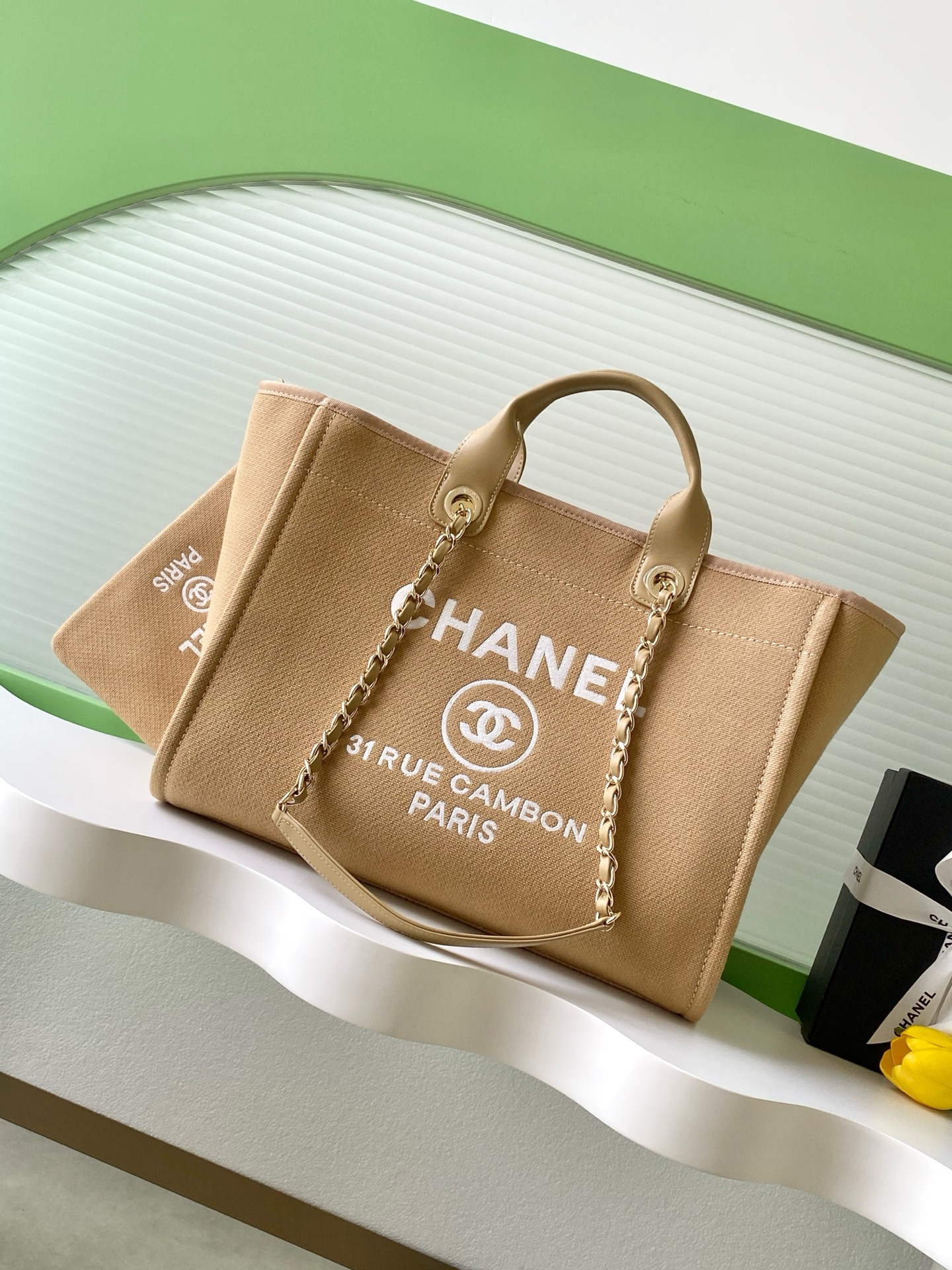 Chanel Large Tote Bag in Beige Canvas & Gold-Tone Metal