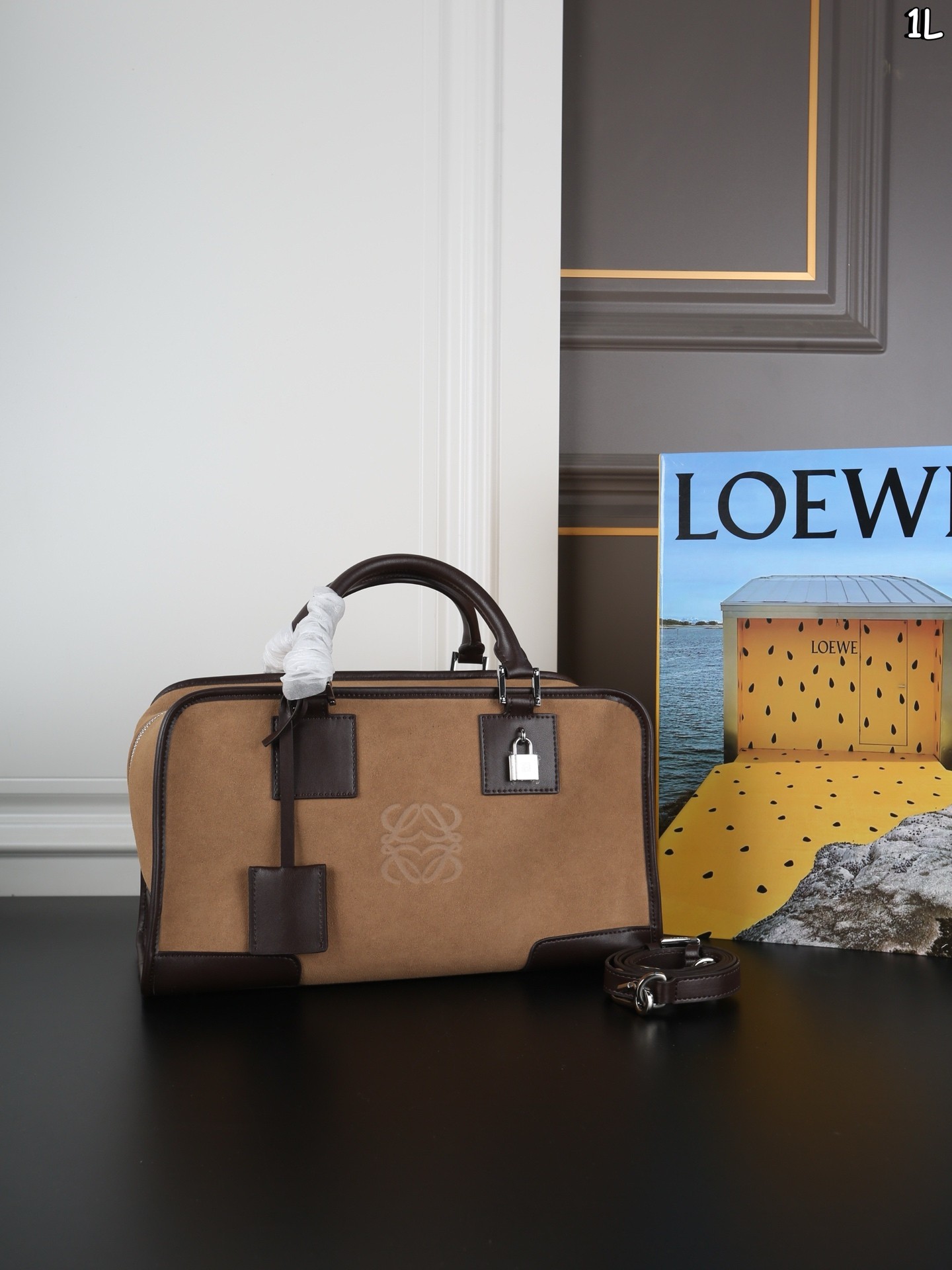 Loewe Amazona 28/36 Brown Boston Suede Leather Trim Padlock Handle Shoulder Bag - KAIROO