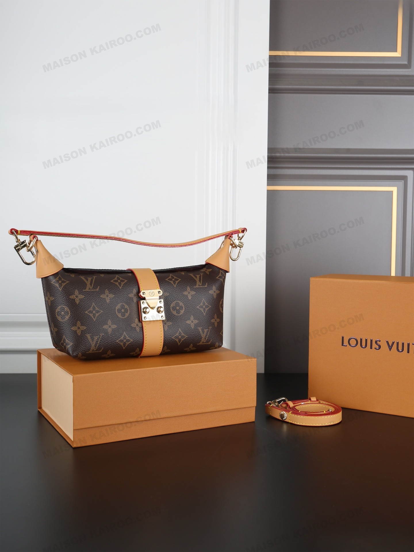 Louis Vuitton LV Pochette Mia Brown Monogram Canvas S-Lock Horizontal Baguette Hobo Croissant Shoulder Bag - KAIROO