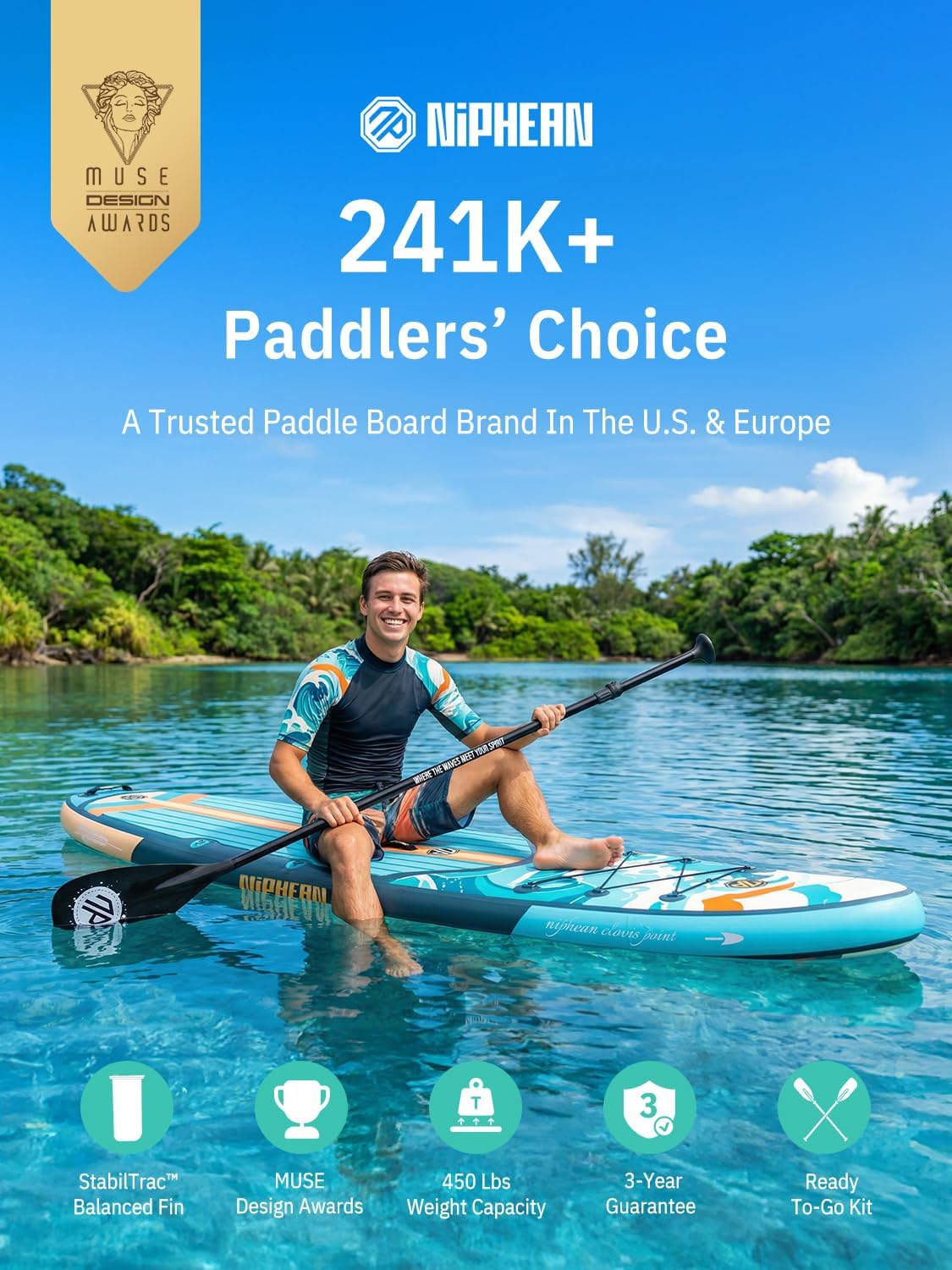 Niphean Inflatable Stand Up Paddle Board with SUP Accessories, Anti-Slip EVA Deck, 10’6’’ Inflatable Paddle Boards for Adults & Youth of All Skill Levels