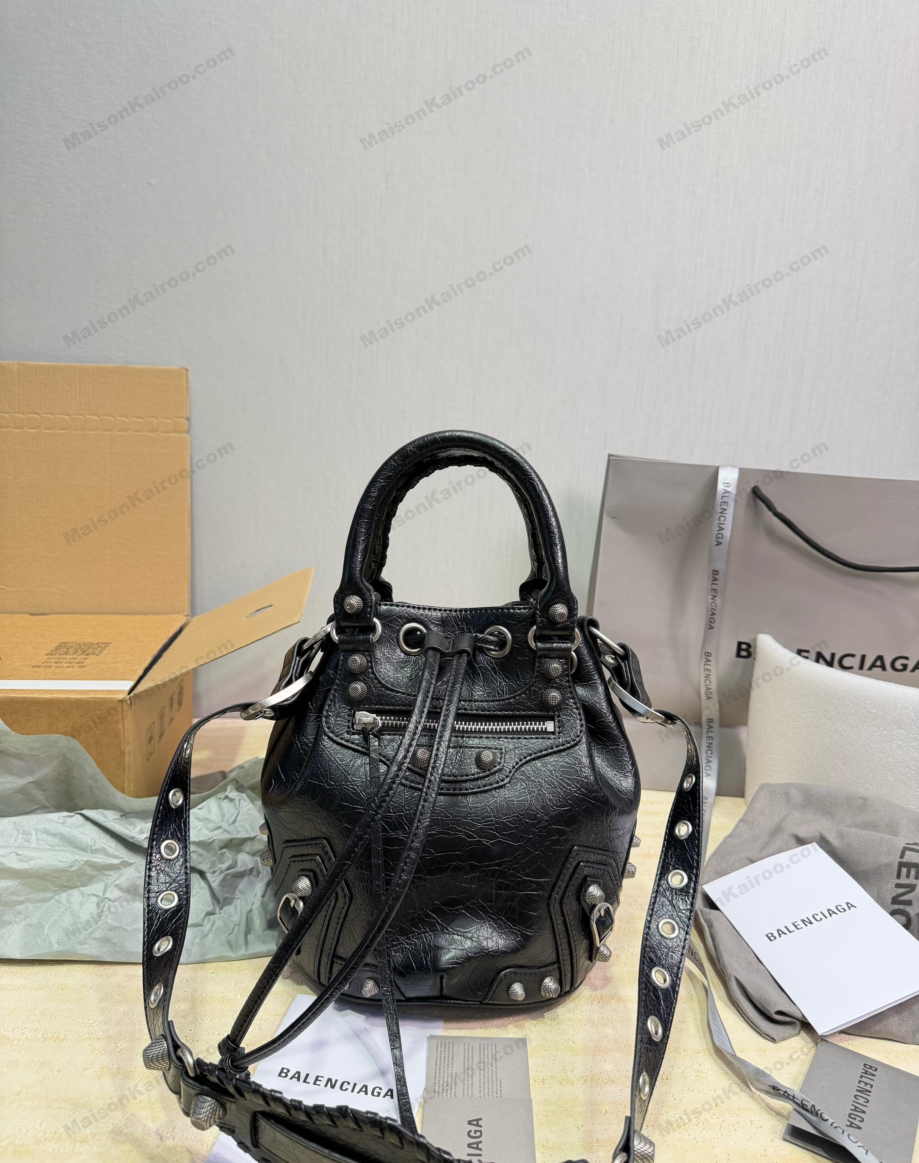 Balenciaga Le Cagole Small Crinkled Arena Leather Heart Mirror & Pouch Bucket Studded Top Handle Bag - KAIROO