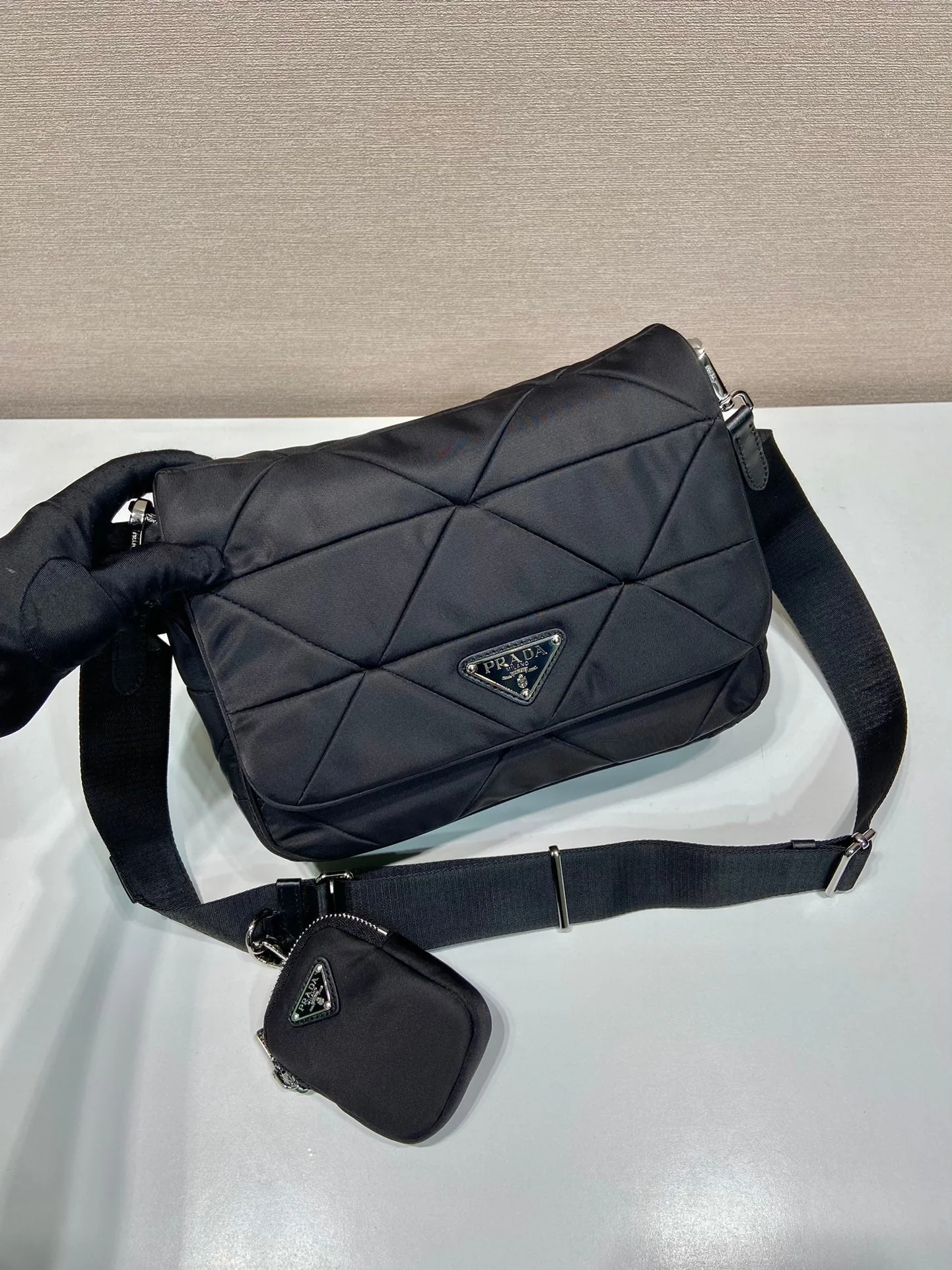 Prada MEDIUM FLAP BAG 24 IN BLACK TRIANGULAR QUILTED PATTERN RE-NYLON