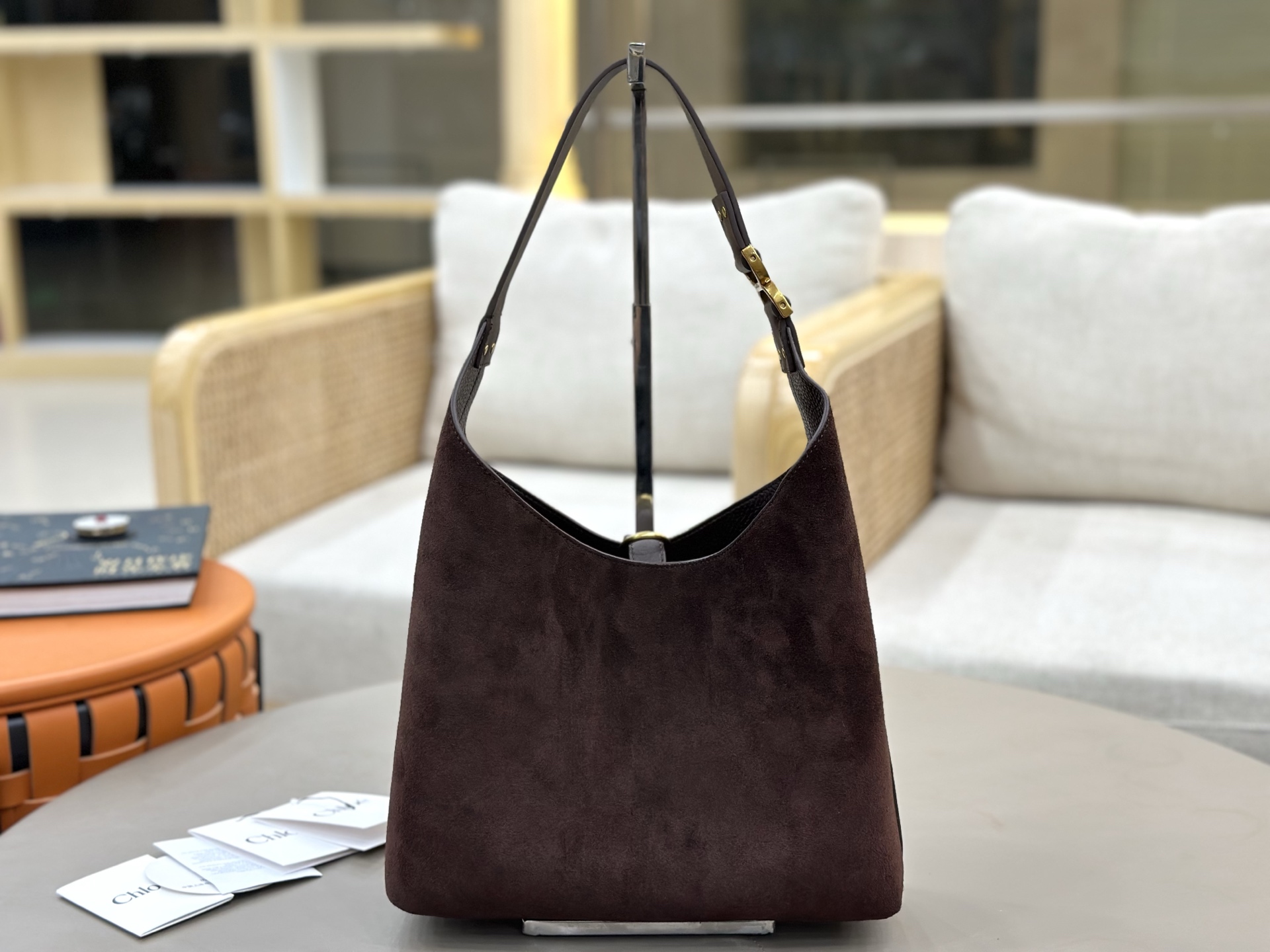 Chloe Small Marcie Hobo Bag in Suede Calfskin-Chocolate