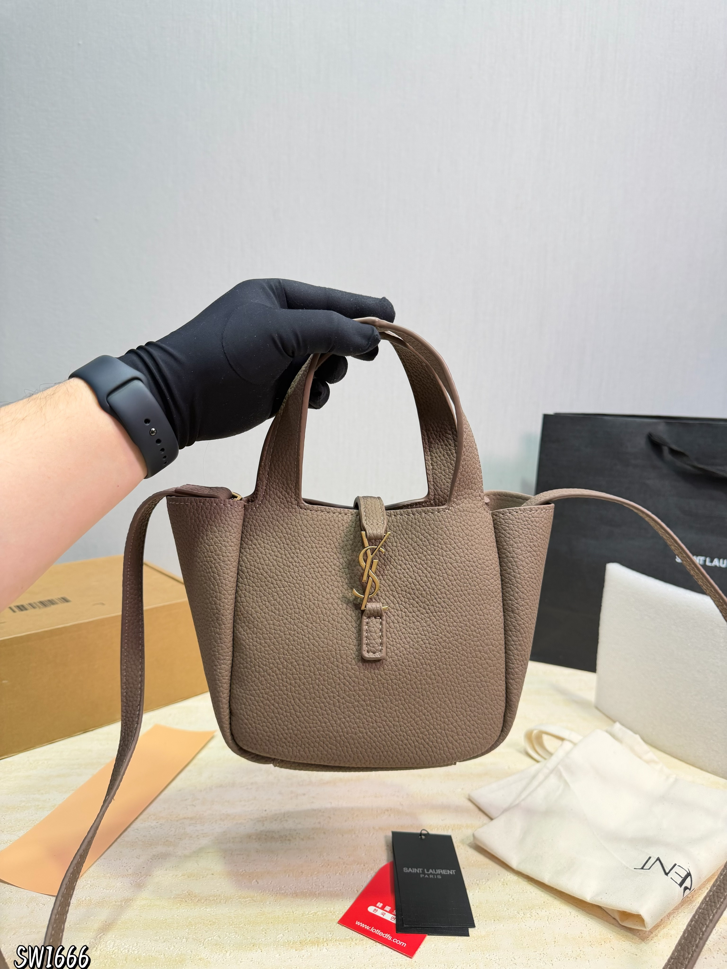 Saint Laurent Mini Bea Hobo Grain Leather YSL Front Toggle Fold Wing Tote Bucket Shoulder Bag - KAIROO