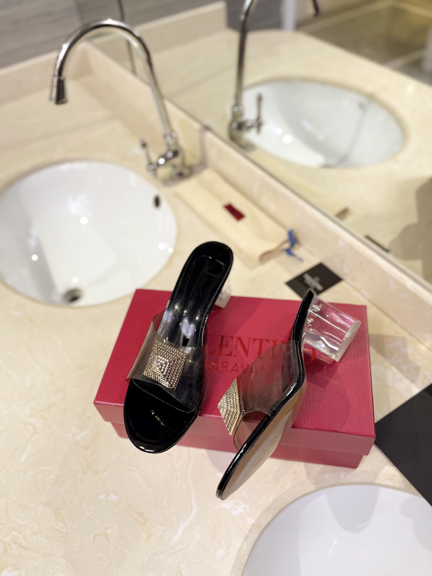 Valentino Rockstud Spike Black Leather Square Crystal Stud Clear PVC Strap Block Slip-on Mules Heels - KAIROO