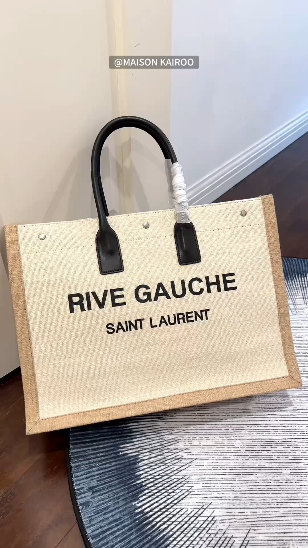 Saint Laurent YSL Rive Gauche Linen Canvas Leather Trim Embroidered Top Handles Tote Bag - KAIROO