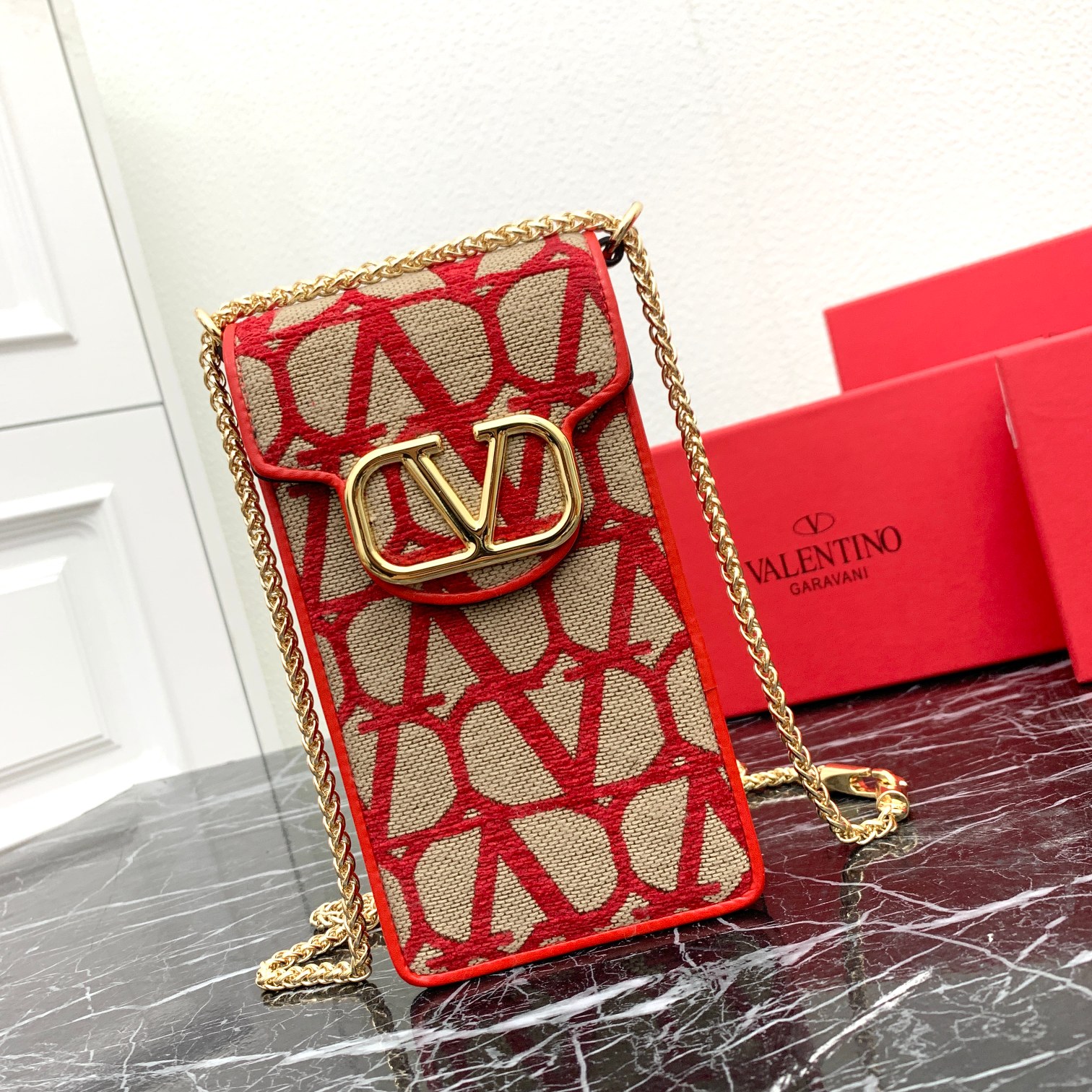 Valentino Toile Iconographe Red Canvas Leather VLogo Chain Mini Vertical Phone Pouch Bag - KAIROO