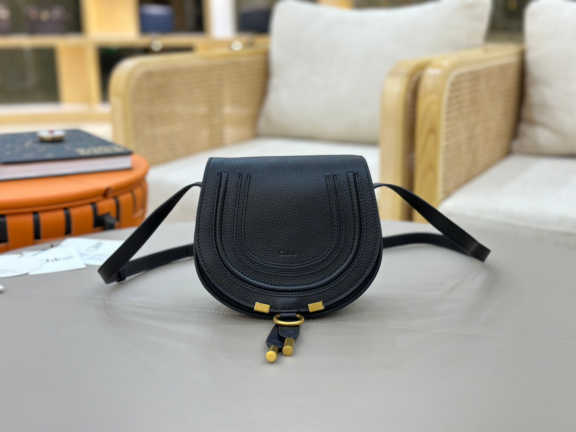 Chloe Small Marcie Saddle Bag in Grained Calfskin-Black