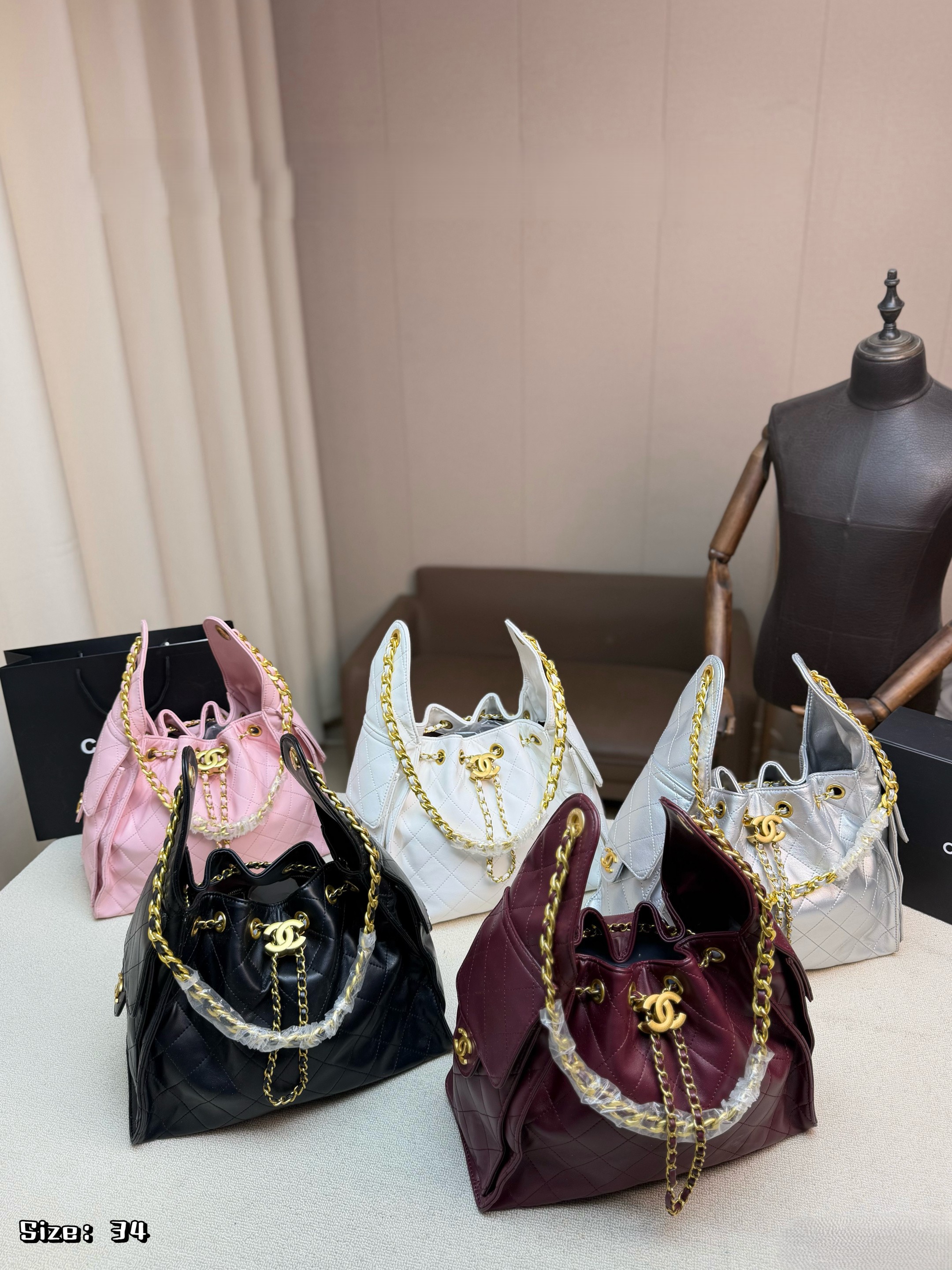 Chanel 25 Large 34CM Quilted Caviar & Smooth Leather Drawstring Lazy Bucket Hobo Tote Bag - KAIROO