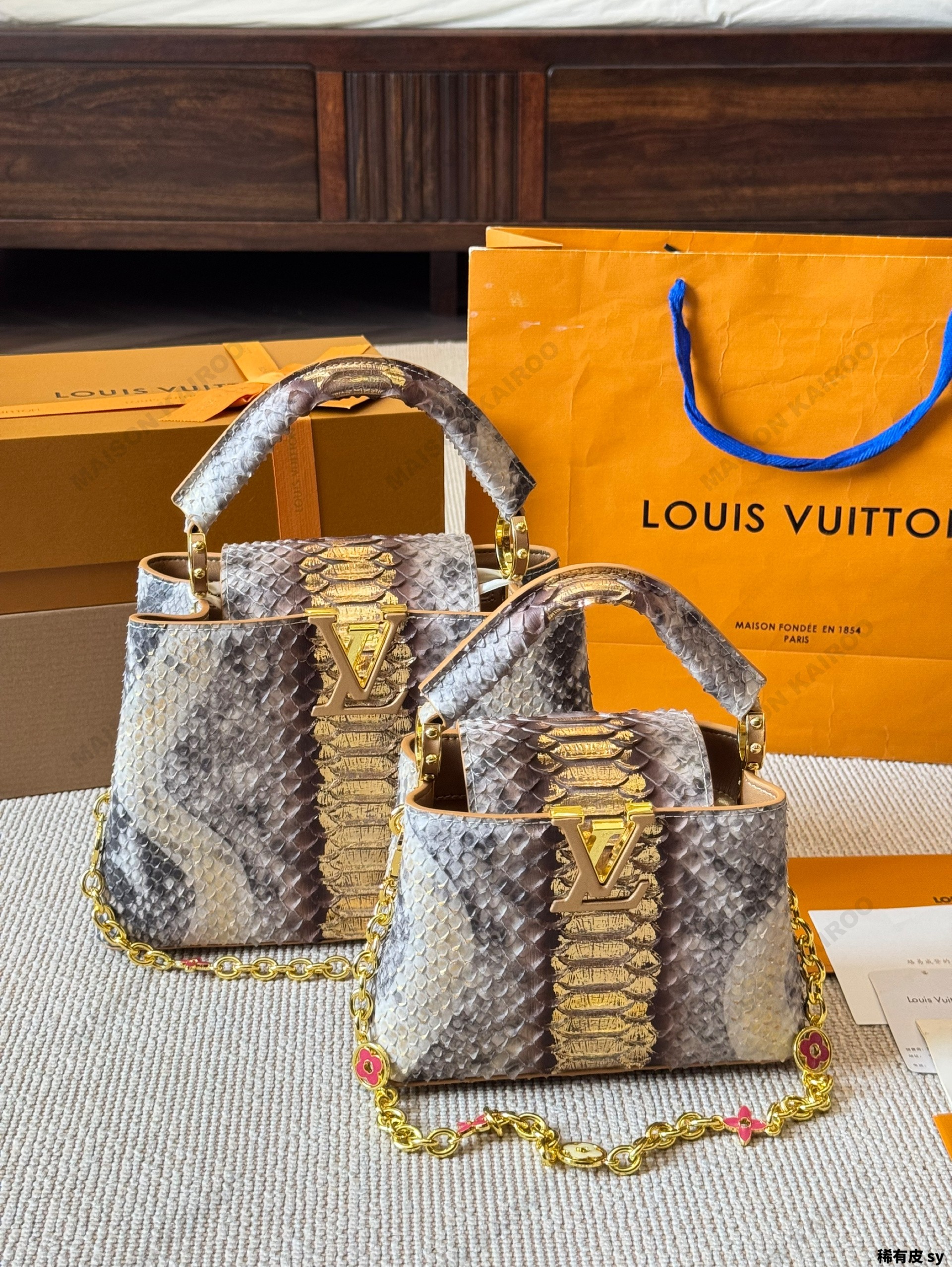 Louis Vuitton LV Capucines BB/Mini Metallic Python Exotic Pattern Leather Jeweled Chain Top Handle Bag - KAIROO