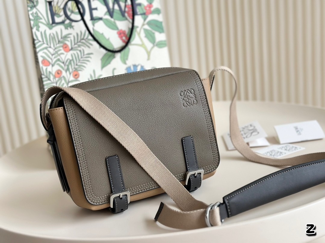 Loewe Khaki Green Leather Wide Webbing Strap Military Messenger Bag - KAIROO