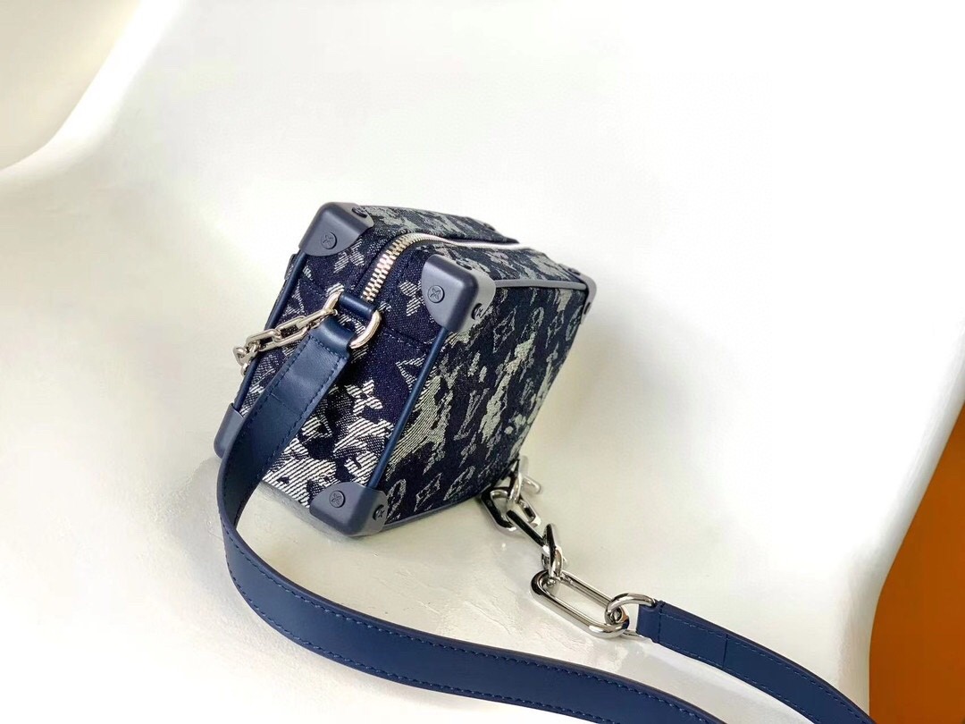 Louis Vuitton LV Mini Soft Trunk Navy Blue Jacquard Denim Monogram Canvas Silver Chain Shoulder Bag - KAIROO