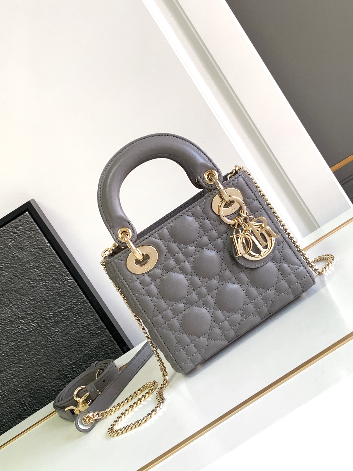 Mini Lady Dior Bag in Etoupe Grey Cannage Lambskin