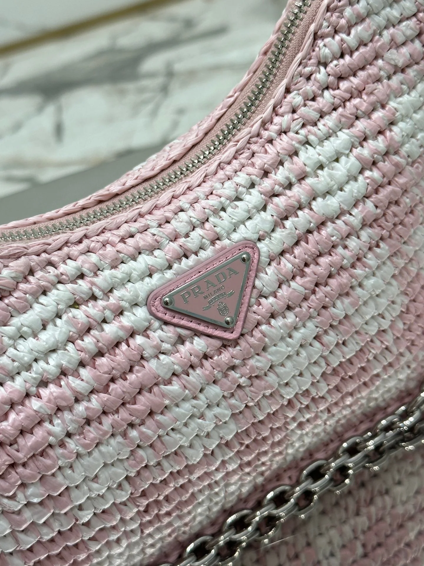 Prada CROCHET HOBO BAG 22 IN PINK MIX WHITE RAFFIA SILVER HARDWARE