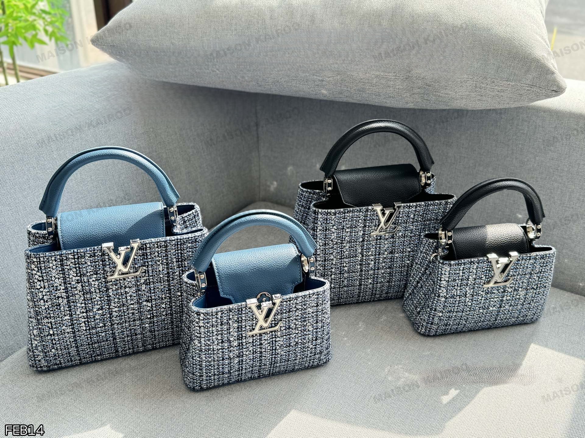 Louis Vuitton LV Capucines BB/Mini Blue Tweed Sequin Taurillon Leather Trim Top Handle Bag - KAIROO