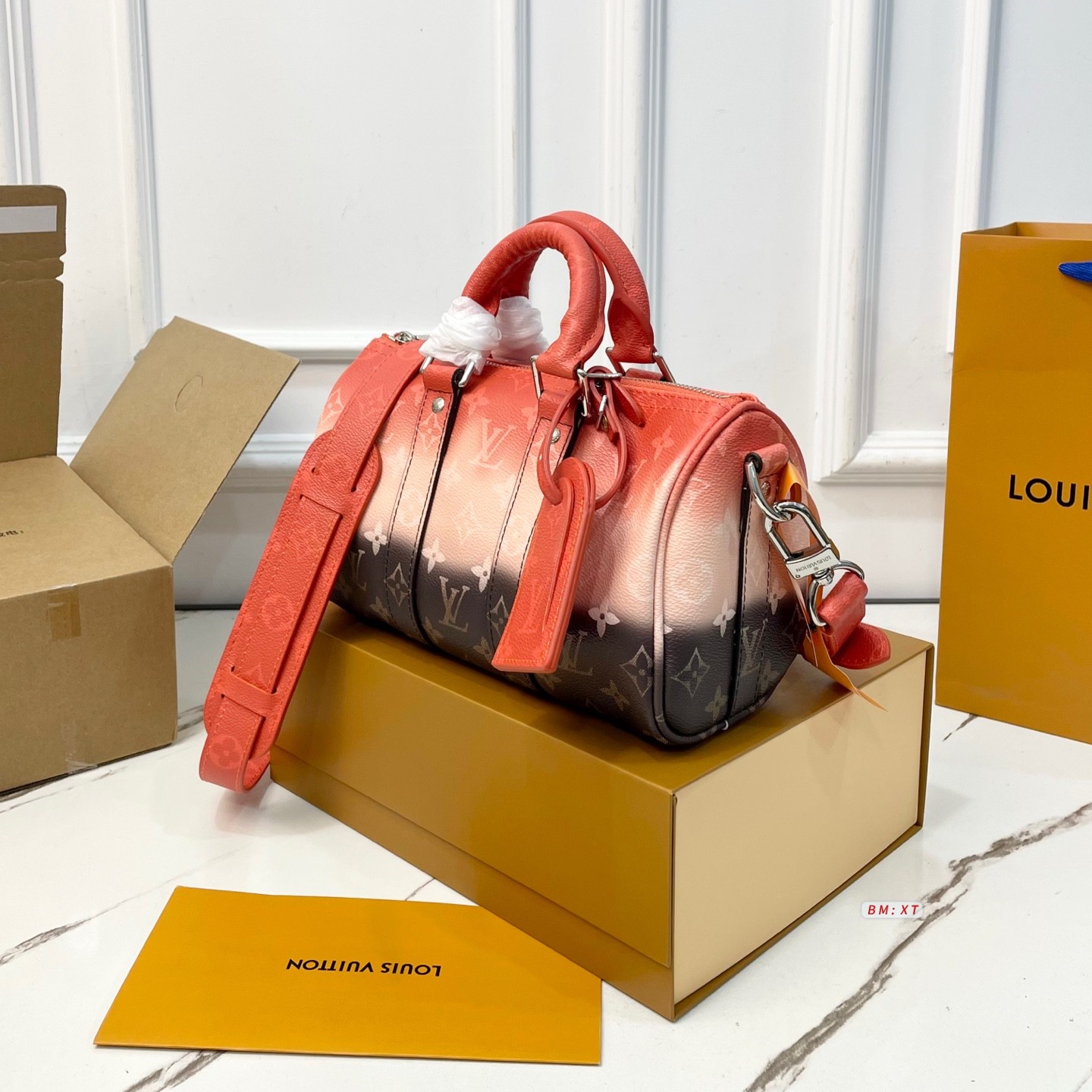 Louis Vuitton LV Keepall 25 Monogram Sunset Orange Brown Gradient Leather Travel Duffle Barrel Bag - KAIROO