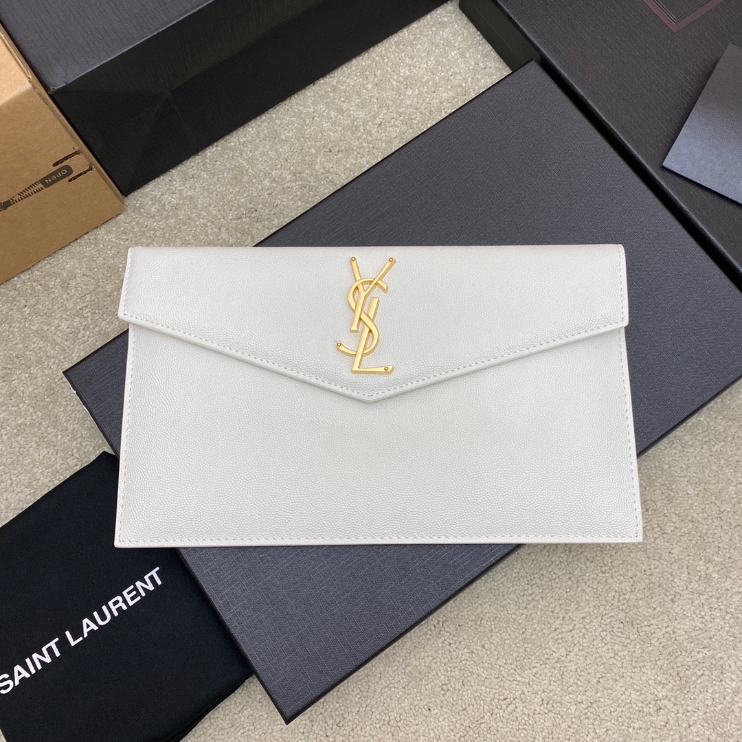 Saint Laurent White Uptown Small Clutch in Grained leather