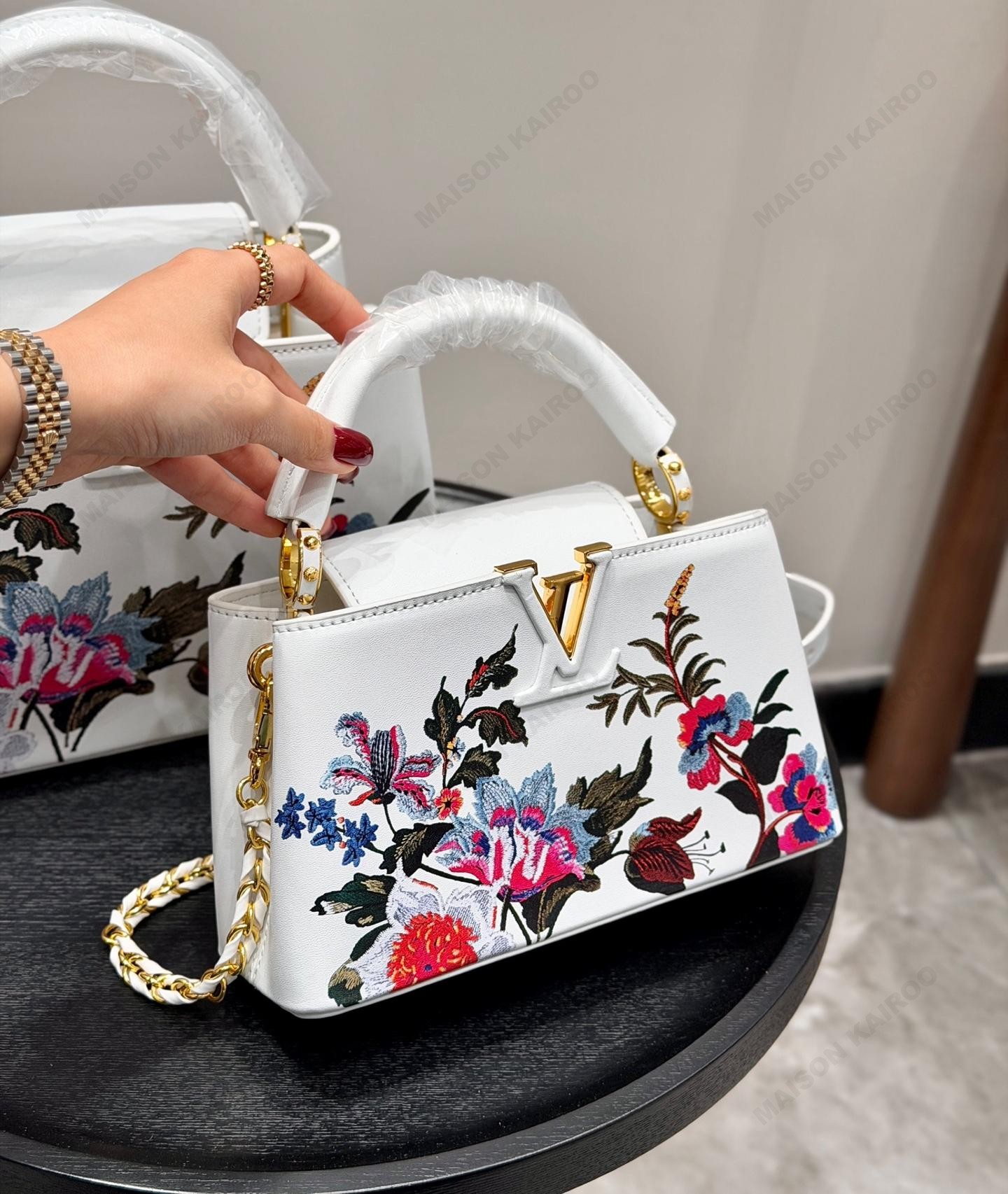 Louis Vuitton LV Capucines BB/East West Mini White Tapestry Flower Bouquets Leather Top Handle Bag - KAIROO