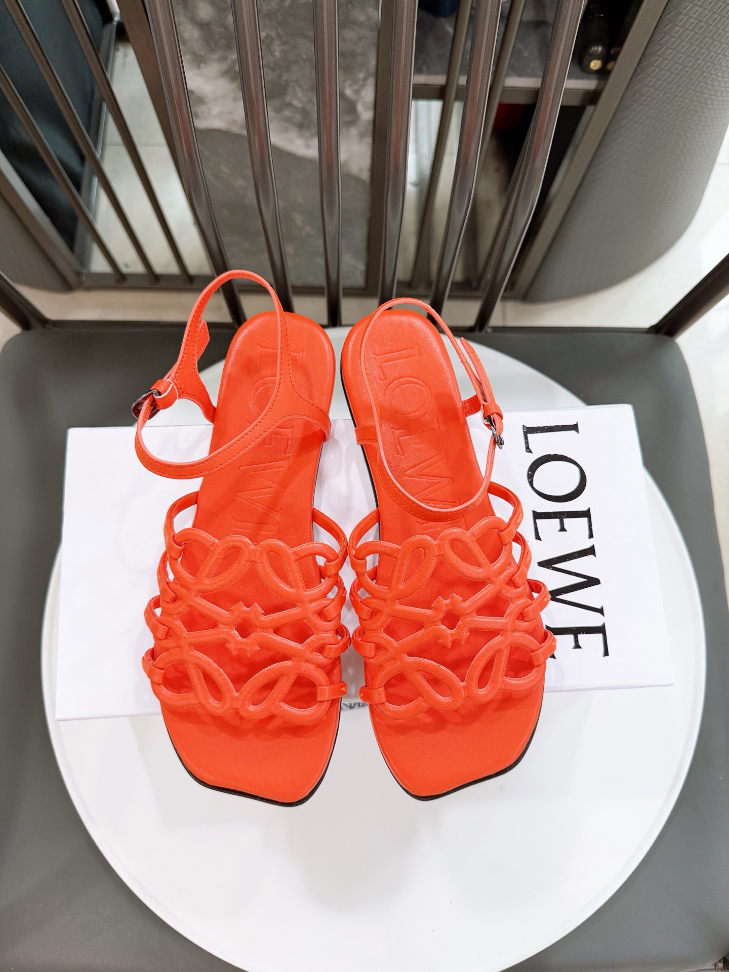 Loewe Anagram Gladiator Leather Cut-Out Cage Ankle Strappy Buckle Padded Flat Square Toe Sandals - KAIROO