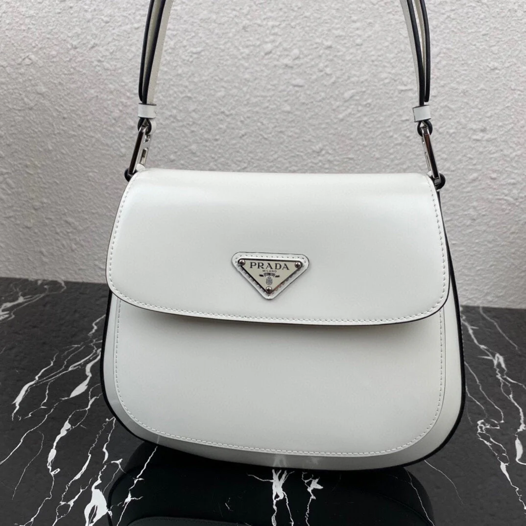 Prada CLEO 24 WHITE BLACK BRUSHED LEATHER SHOULDER BAG