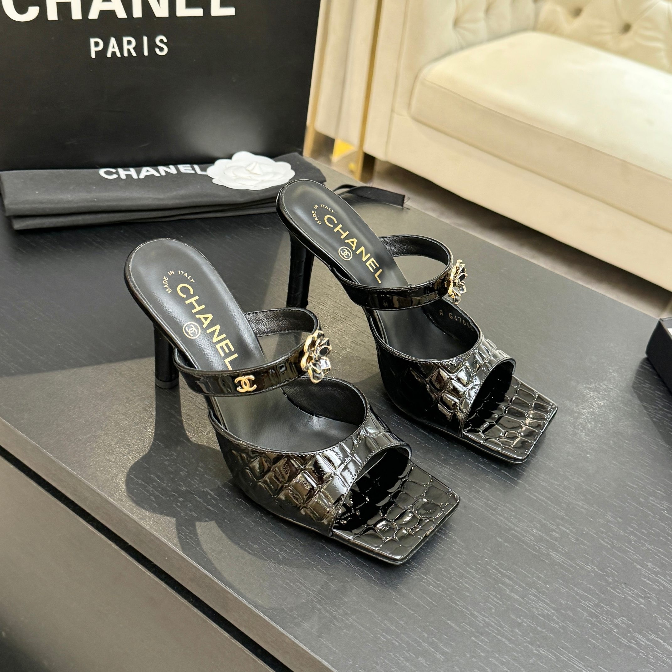 Chanel 26K Black Camellia Buckle Croc-Embossed Leather Square Toe Sandals Mules Heels - KAIROO