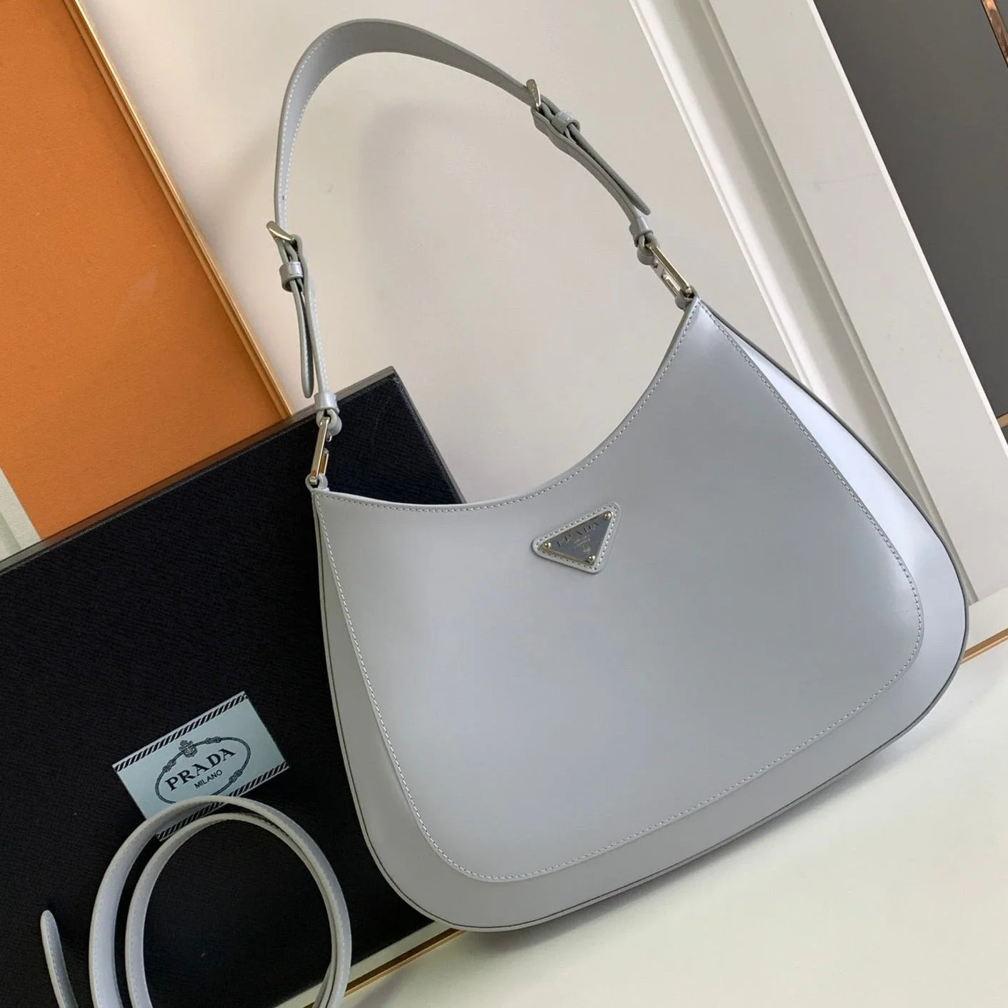 Prada CLEO 30 GREY BRUSHED LEATHER SHOULDER BAG