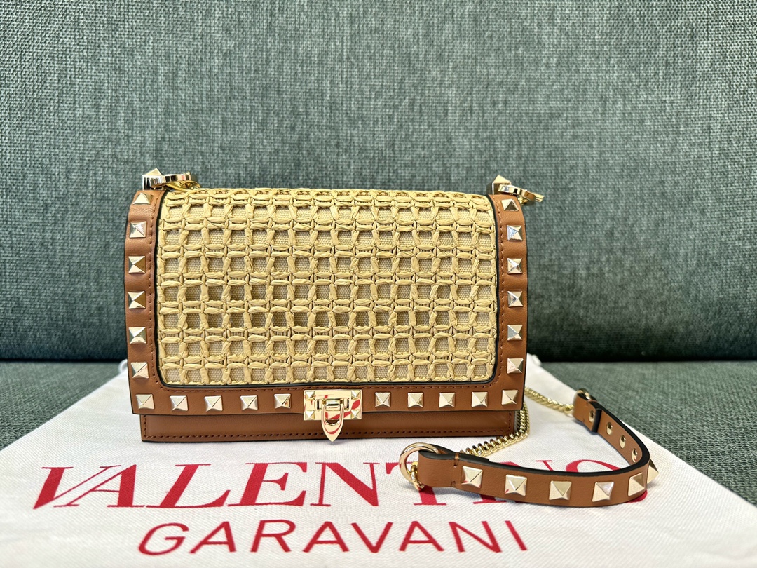 Valentino Rockstud Woven Raffia Leather Platino-finish Studs Chain Flap Shoulder Crossbody Bag - KAIROO