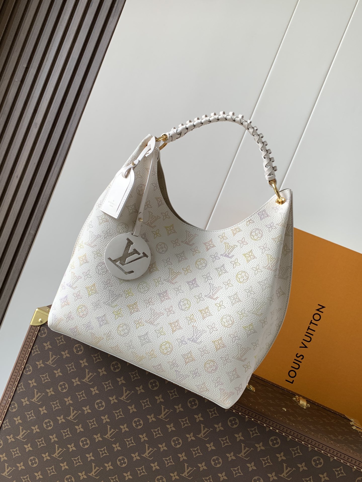 【10A】Louis Vuitton LV Mahina Hobo Moon Goddess White Iridescent Perforated Leather Braided Handle Tote Bag - KAIROO