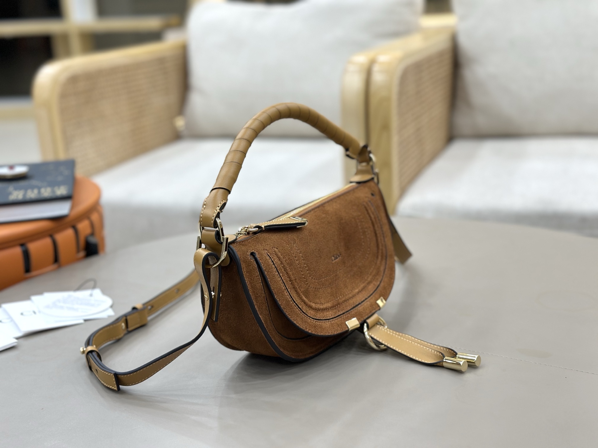 Chloe Mini Marcie Shoulder Bag in Suede Calfskin-Camel