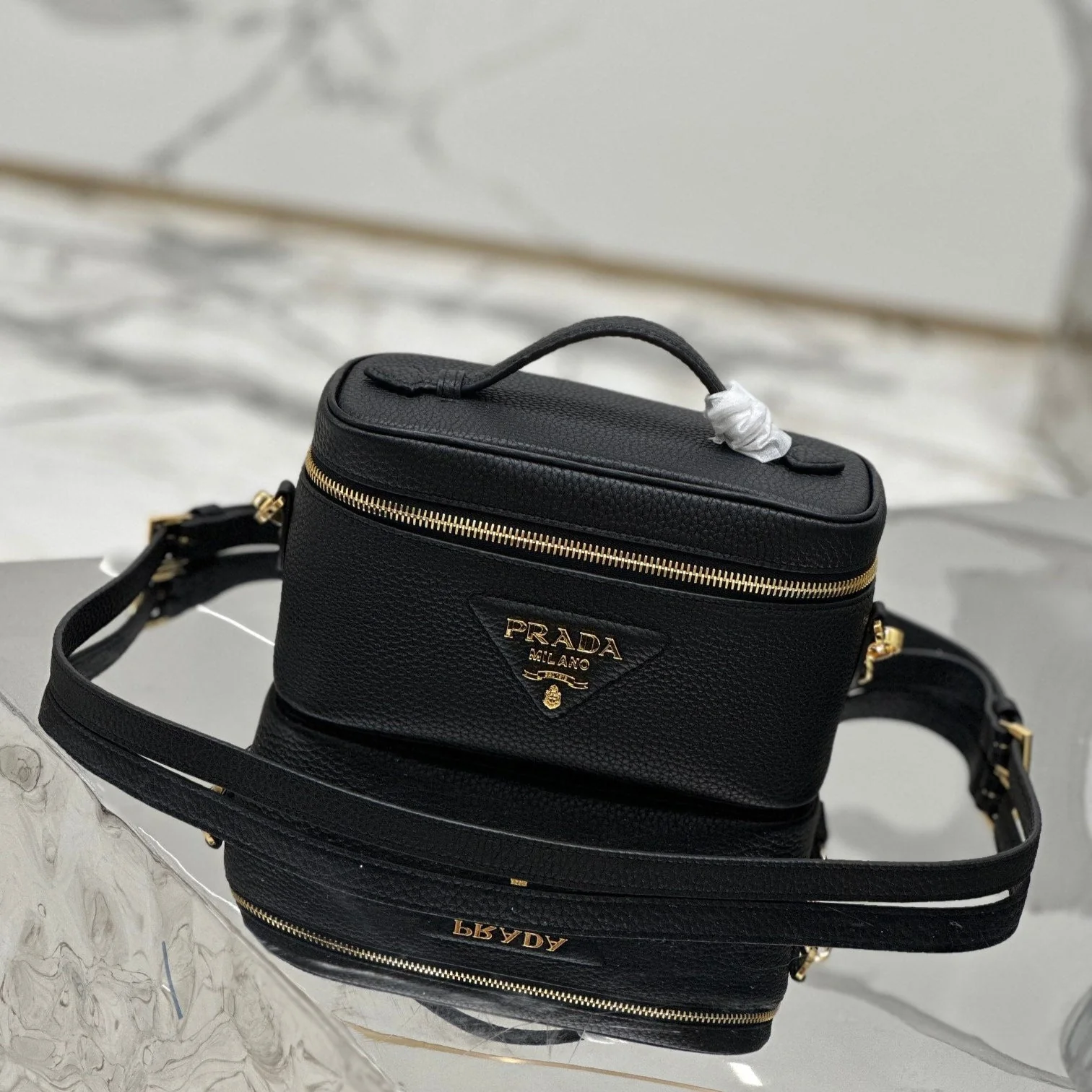 Prada VANITY CASE 18 IN BLACK GRAINED CALFSKIN GOLD HARDWARE