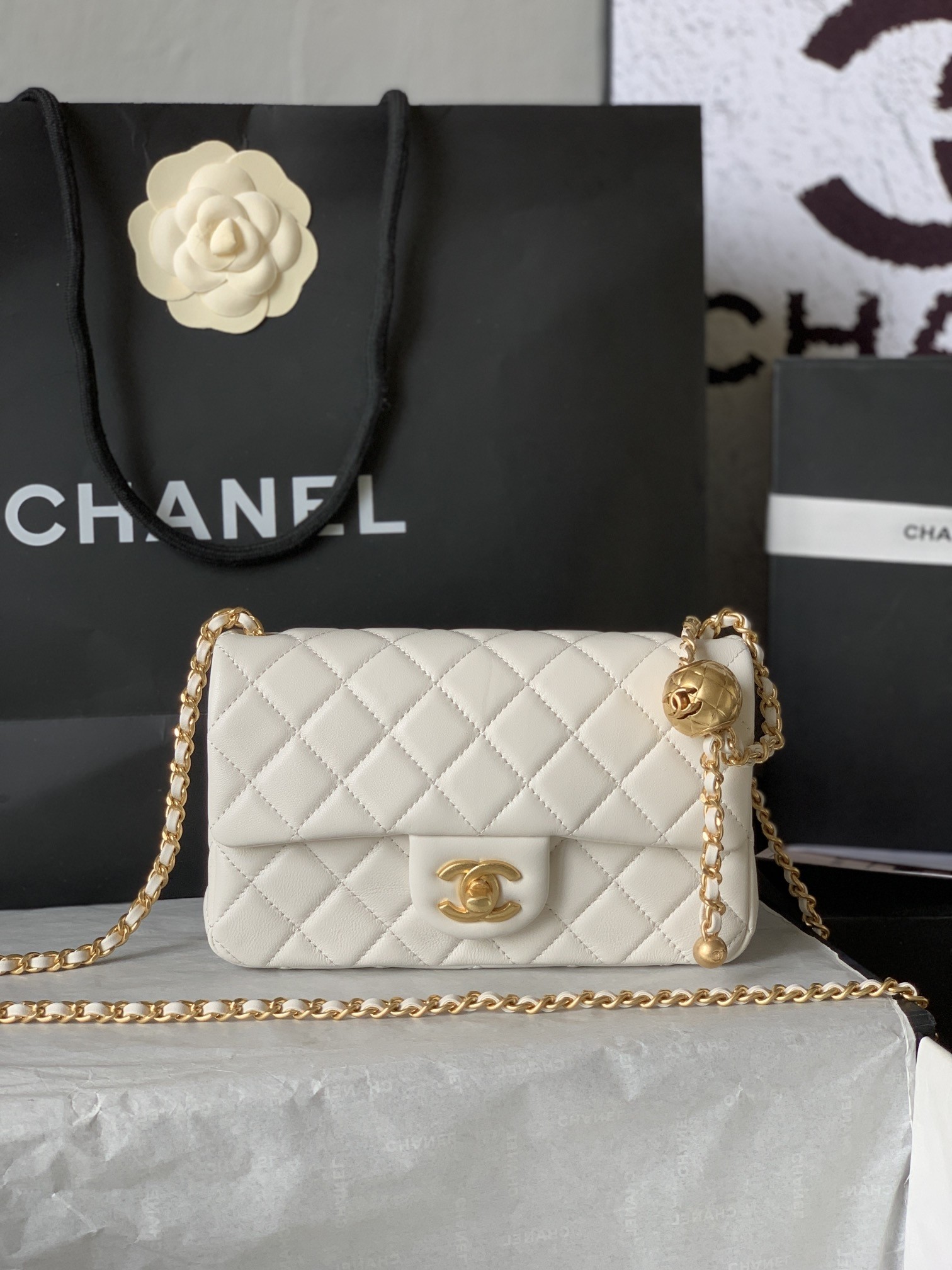 Chanel Mini CF 20CM Gold Ball Pearl Crush Quilted Leather Flap Chain Shoulder Bag /10A - KAIROO