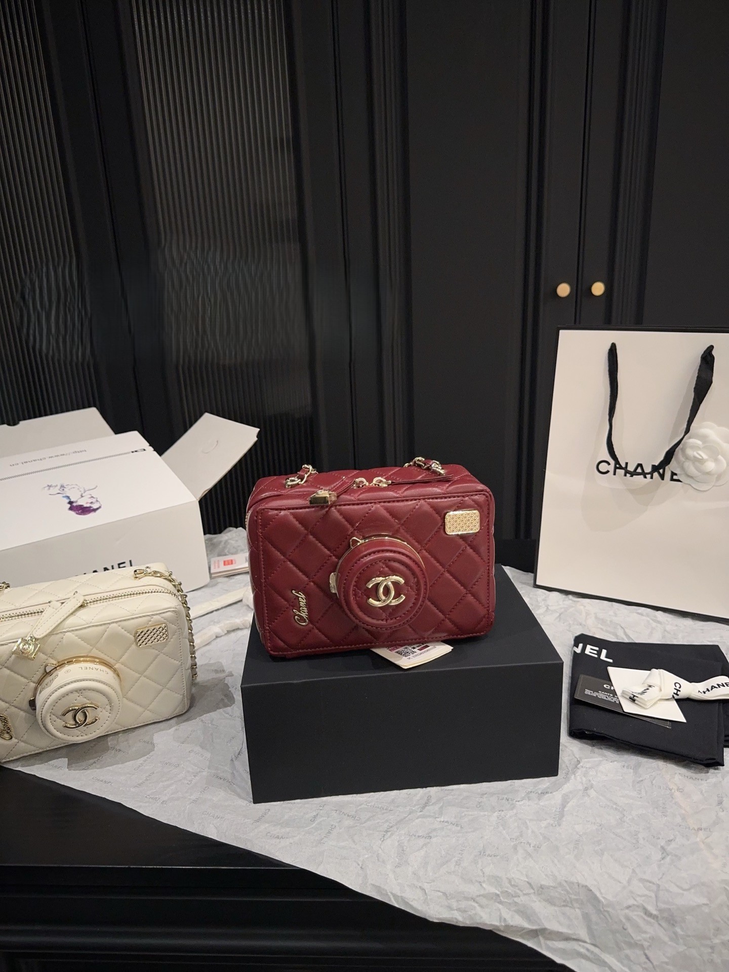 Chanel 24S Quilted Shiny Leather 3D Flip Mirror Lens Chain Strap Camera Box Shoulder Bag - KAIROO
