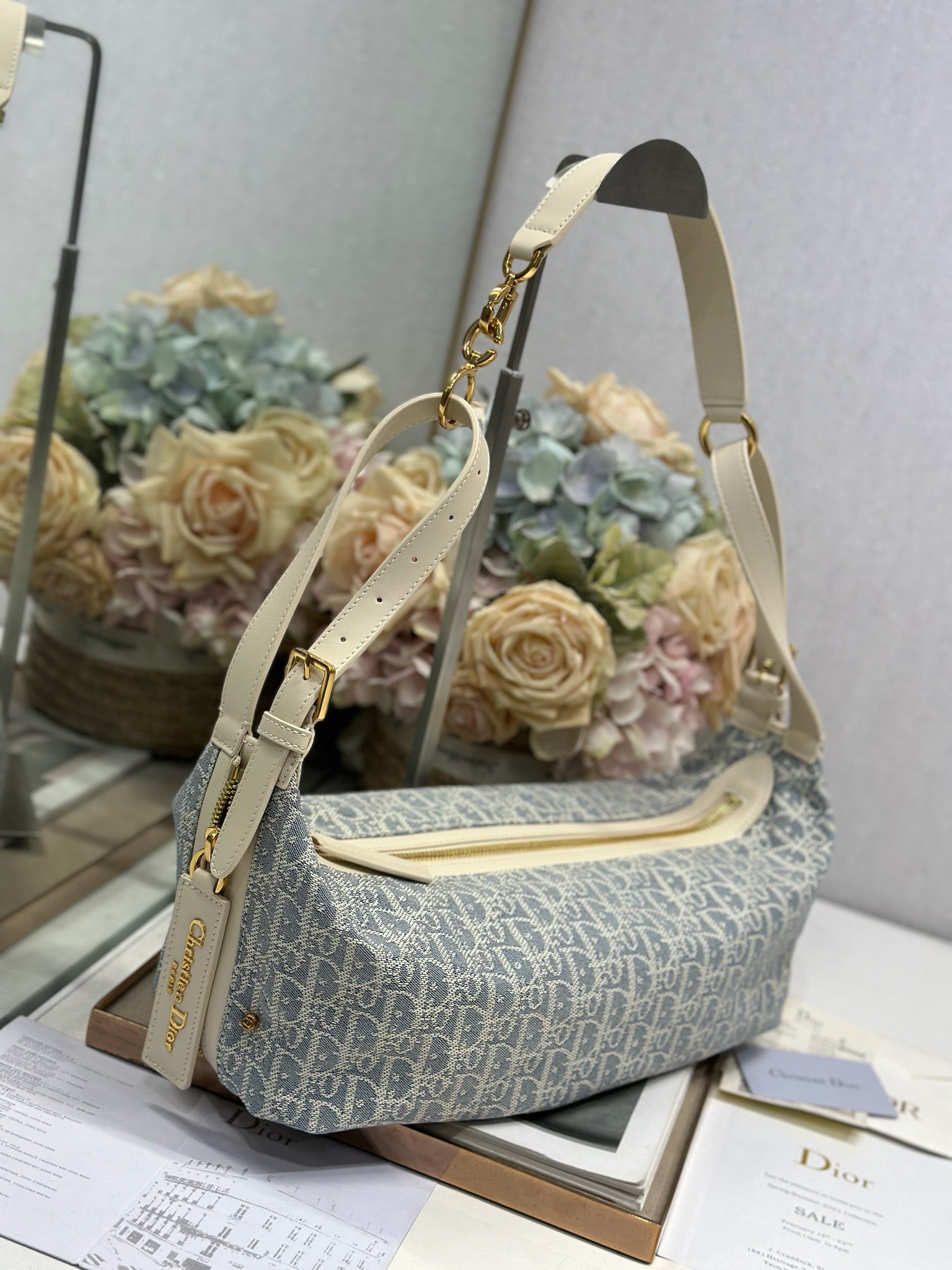 Dior D-Journey Medium Shoulder Bag in Light grey Oblique canvas and leather