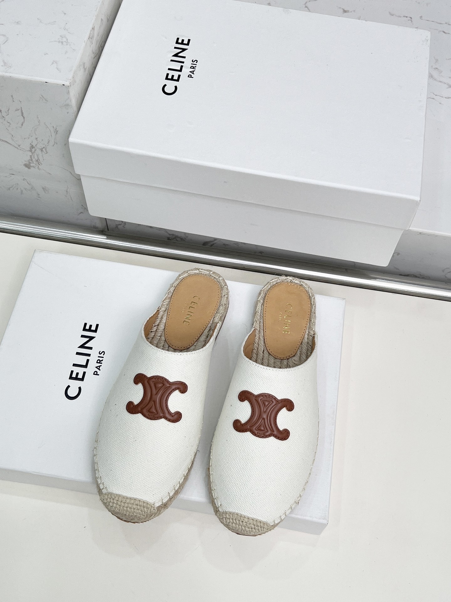 Celine Triomphe Leather Patch Canvas Espadrille Closed Toe Espadrille Sole Mules Slippers - KAIROO