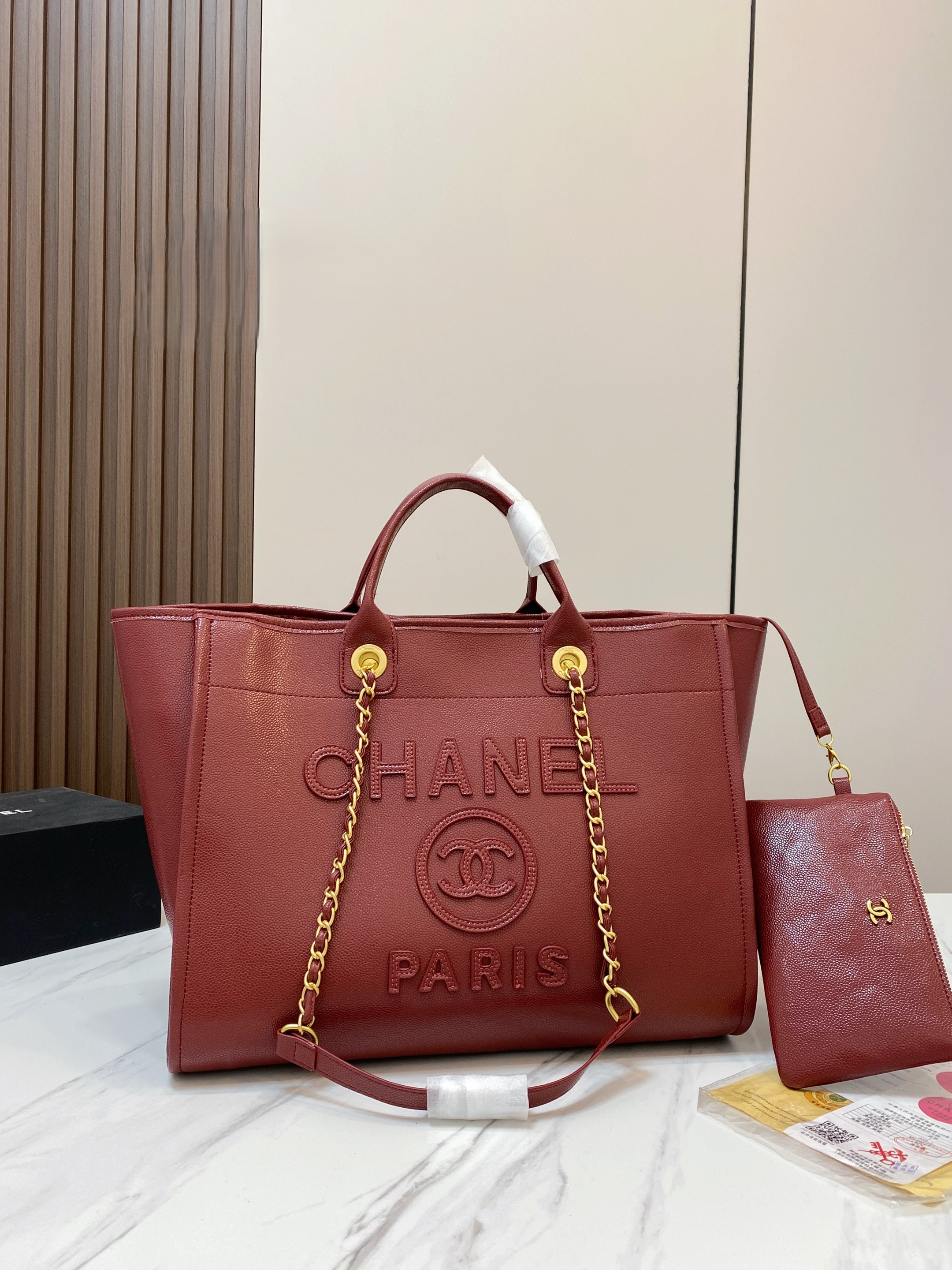 Chanel Large Deauville Embossed CC Paris Logo Grained Leather Shopping Tote Bag With Pouch - KAIROO