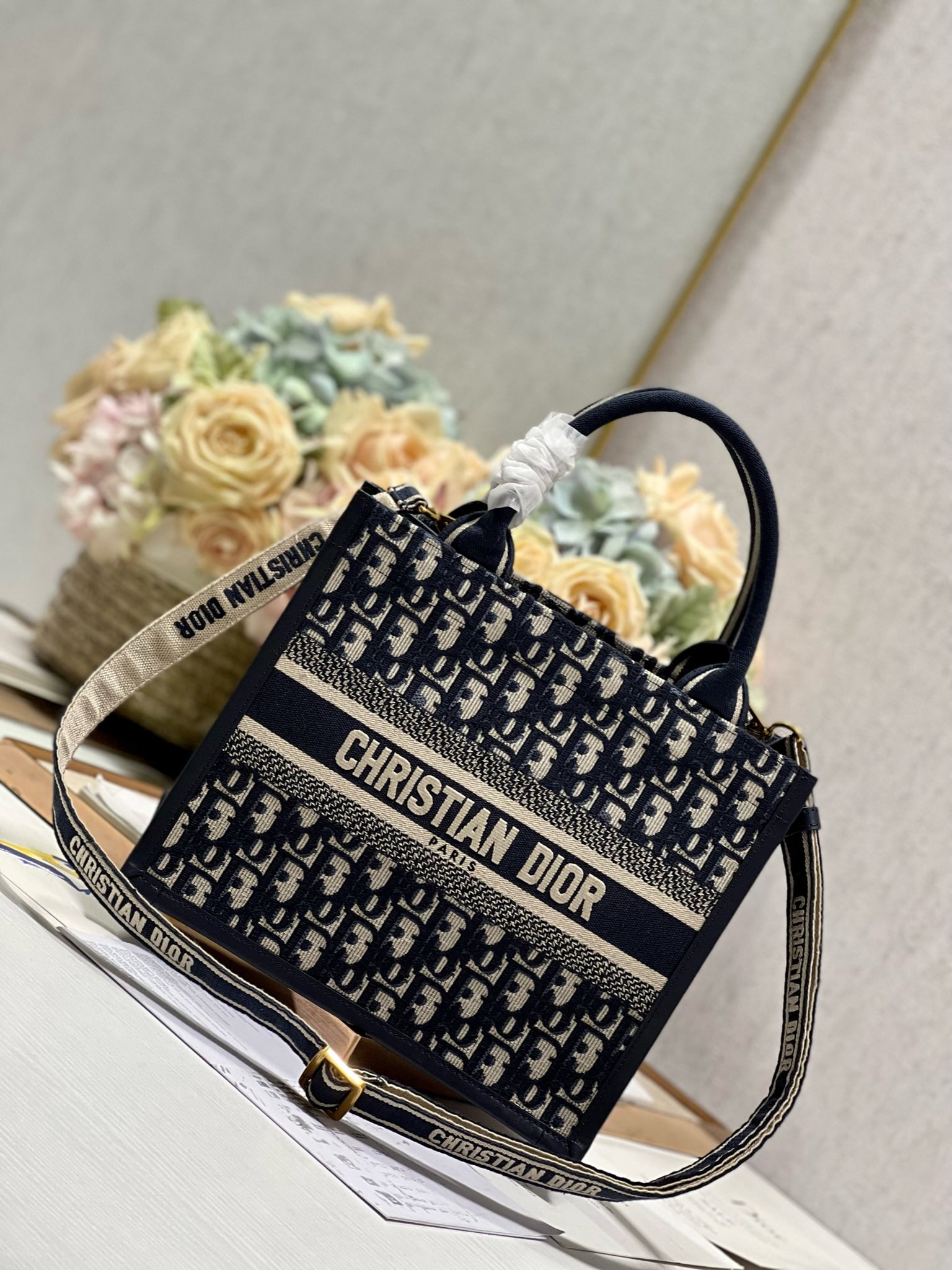Dior Small Embroidered Book Tote with shoulder strap