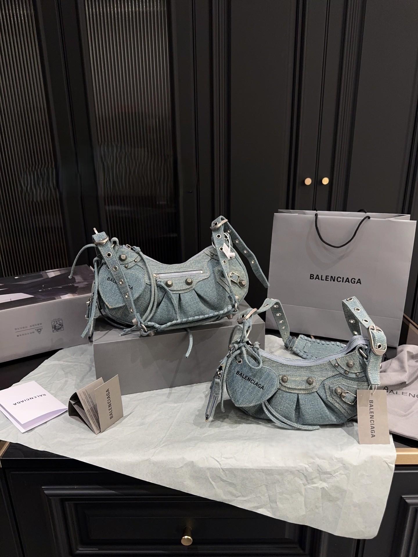 Balenciaga Le Cagole Washed Denim Studded Purse &  Heart Mirror Charm Hobo Shoulder Bag - KAIROO