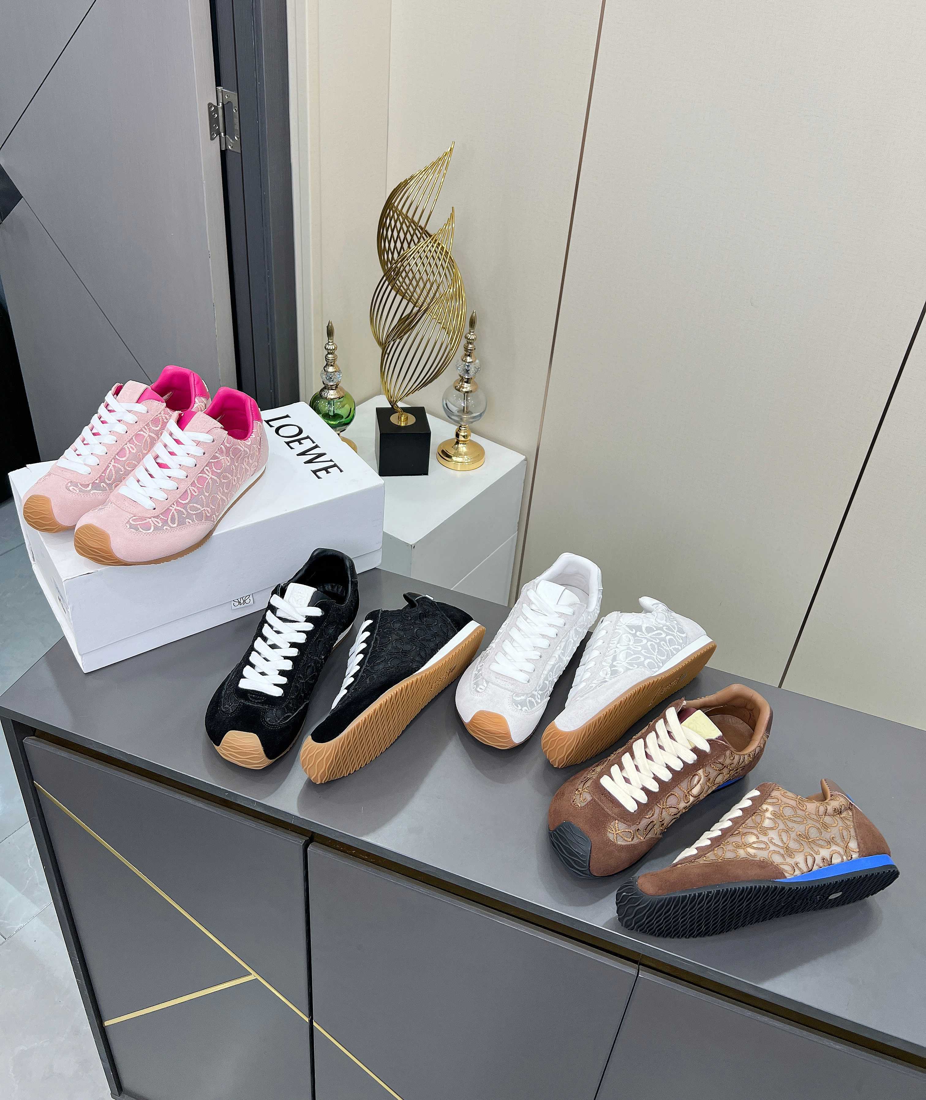 Loewe Anagram Embroidered Mesh Lace Suede Ballet  Flow Runner Low-Top Trainers Sneakers - KAIROO