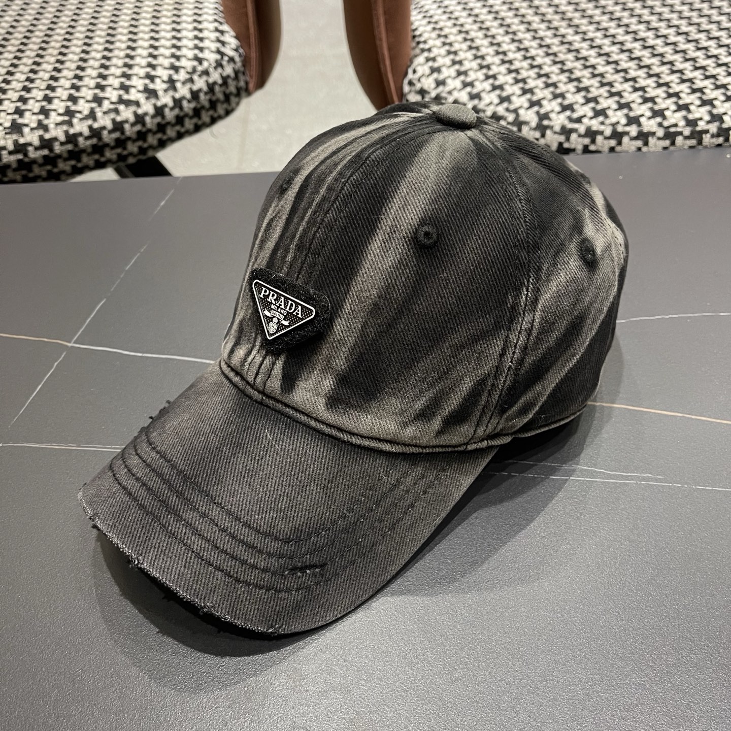Prada Distressed Vintage Wash Denim Baseball Cap Hat With Enamel Triangle Logo - KAIROO
