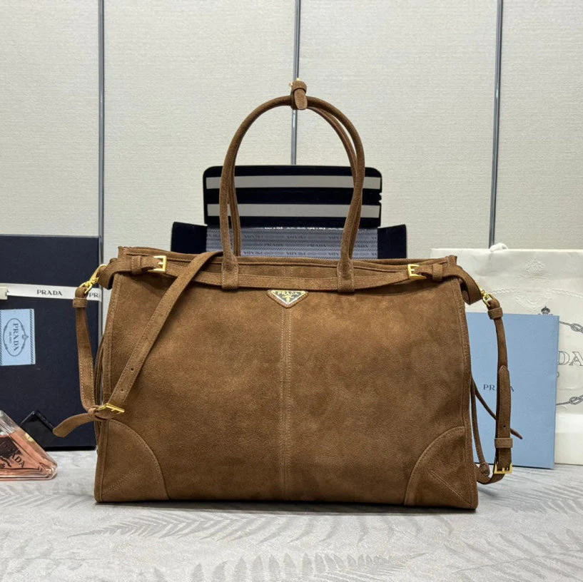 Prada TOTE BAG WITH 42 IN RUSSET BROWN SUEDE GOLD HARDWARE