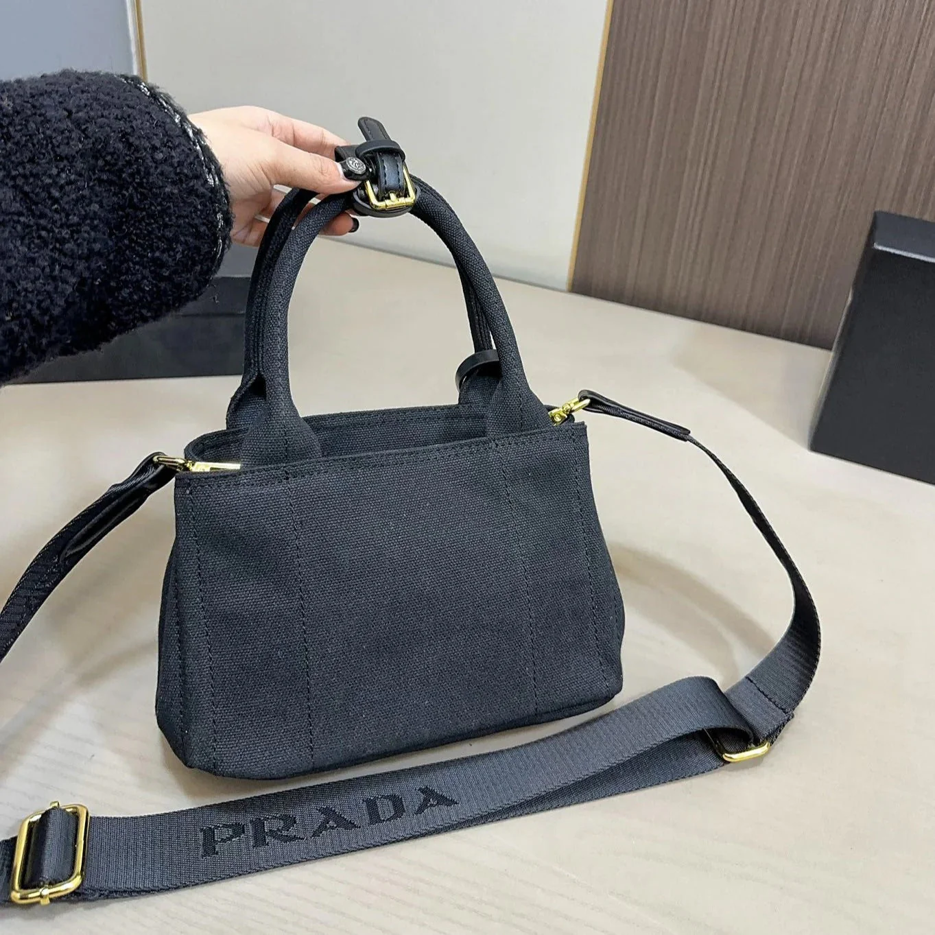 Prada EMBOSSED LOGO MINI TOTE BAG 22 IN BLACK FABIC